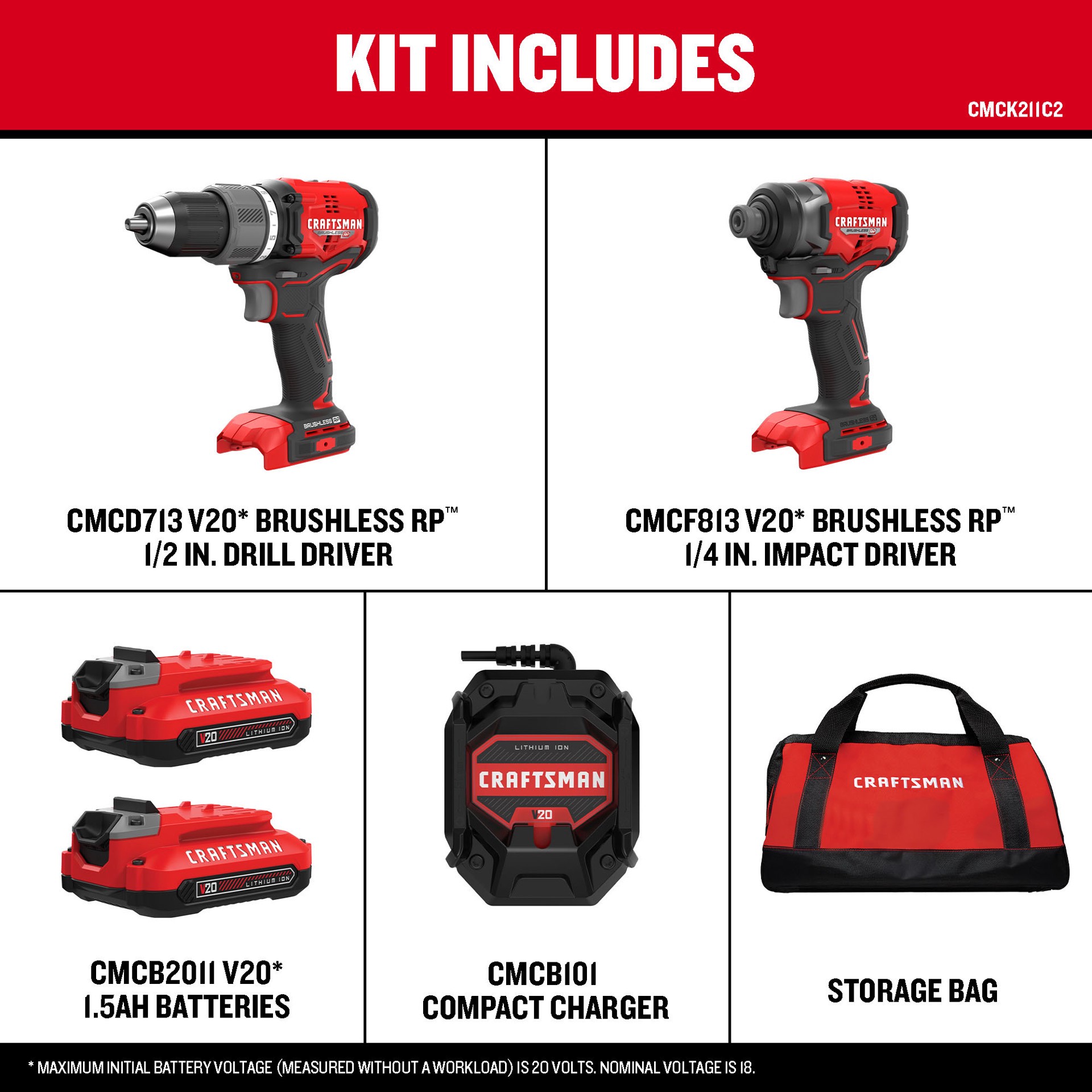slide 2 of 6, CRAFTSMAN V20 RP 20-volt Max 2-Tool Brushless Power Tool Combo Kit with Soft Case (2-Batteries Included and Charger Included), 1 ct