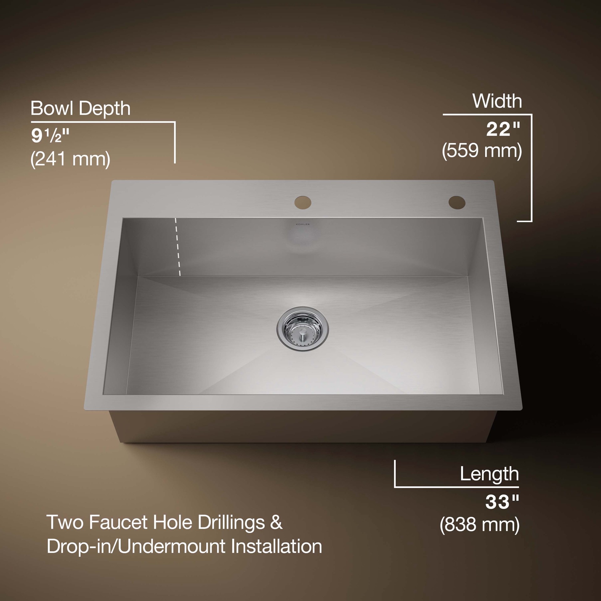 slide 4 of 6, KOHLER Decree Drop-in or undermount 33-in x 22-in Stainless steel Single bowl 18 -Gauge Kitchen Sink, 1 ct