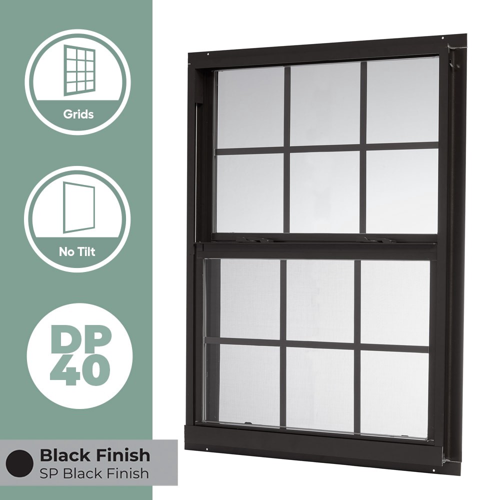 slide 3 of 6, RELIABILT 46000 Series 31-1/2-in x 35-1/2-in Black Exterior Aluminum New Construction Single Hung Window Low-E Double Pane Glass with Grids, (Half Screen Included), 1 ct