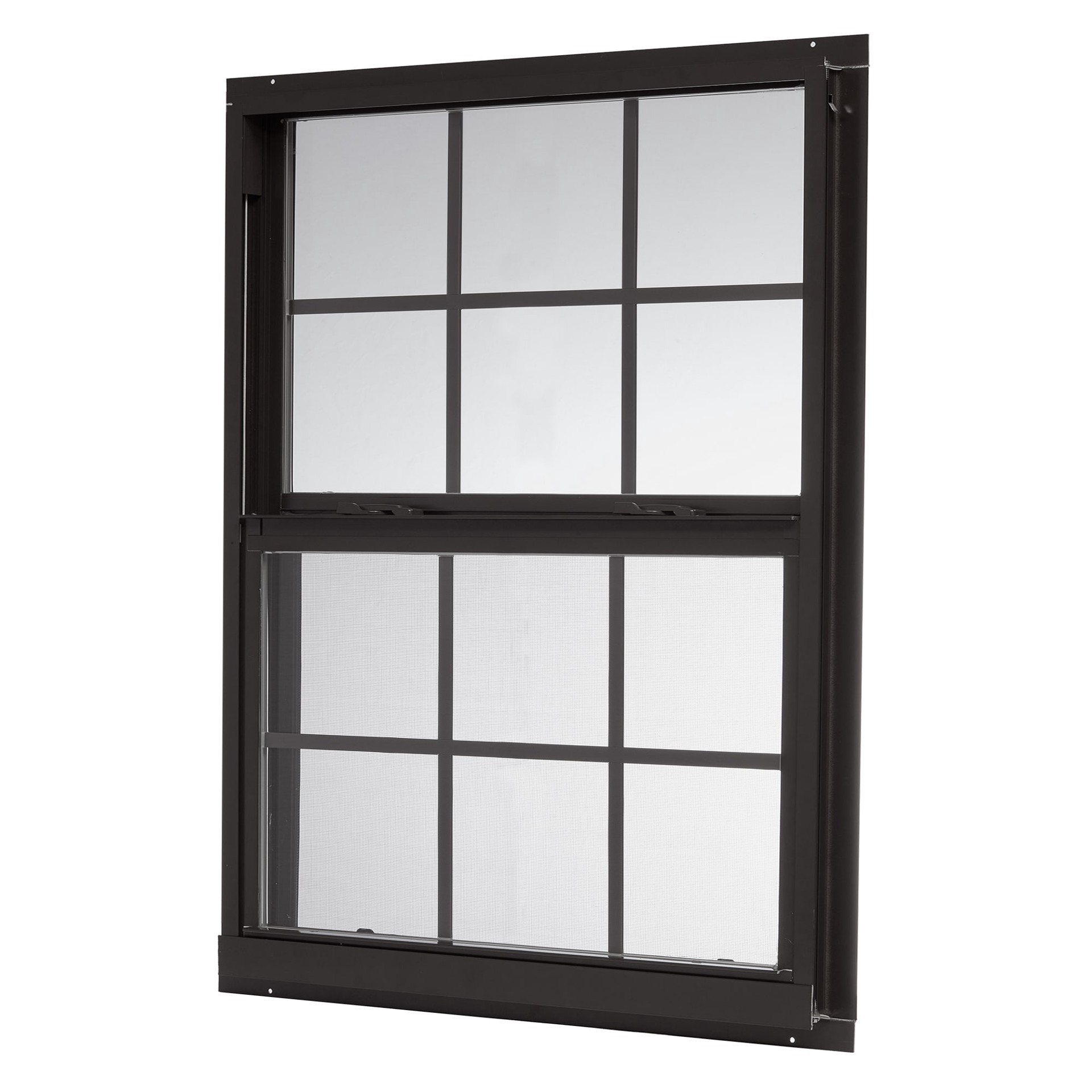 slide 1 of 6, RELIABILT 46000 Series 31-1/2-in x 35-1/2-in Black Exterior Aluminum New Construction Single Hung Window Low-E Double Pane Glass with Grids, (Half Screen Included), 1 ct