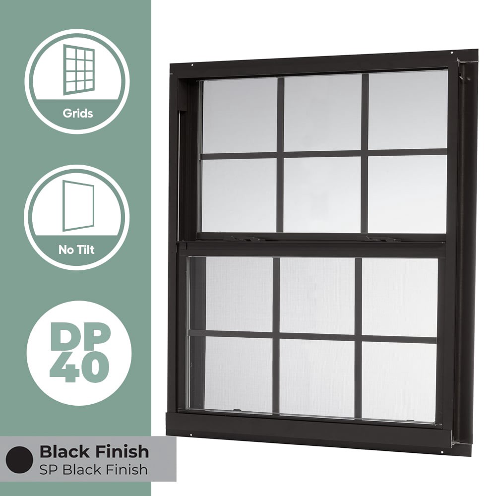slide 4 of 6, RELIABILT 46000 Series 35-1/2-in x 35-1/2-in Black Exterior Aluminum New Construction Single Hung Window Low-E Double Pane Glass with Grids, (Half Screen Included), 1 ct