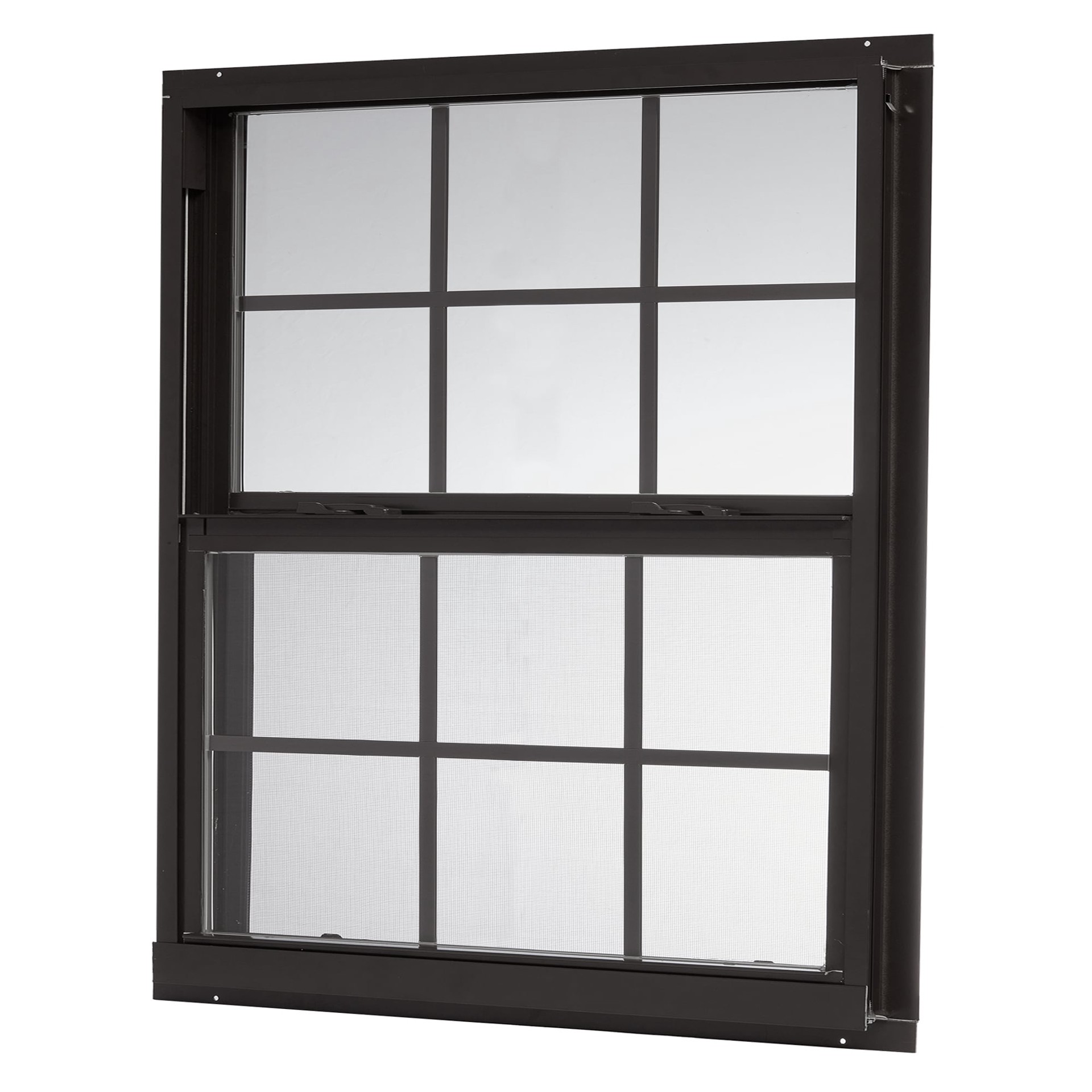 slide 1 of 6, RELIABILT 46000 Series 35-1/2-in x 35-1/2-in Black Exterior Aluminum New Construction Single Hung Window Low-E Double Pane Glass with Grids, (Half Screen Included), 1 ct