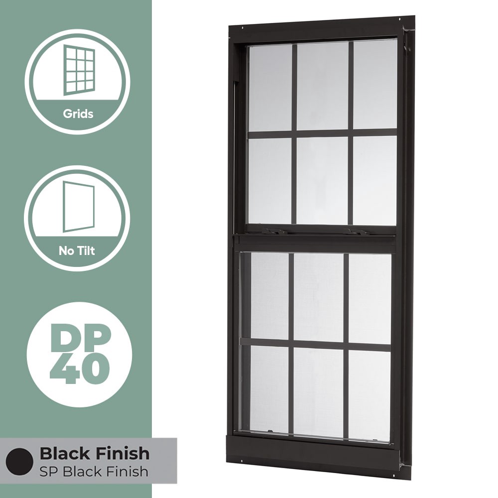 slide 3 of 6, RELIABILT 46000 Series 31-1/2-in x 59-1/2-in Black Exterior Aluminum New Construction Single Hung Window Low-E Double Pane Glass with Grids, (Half Screen Included), 1 ct