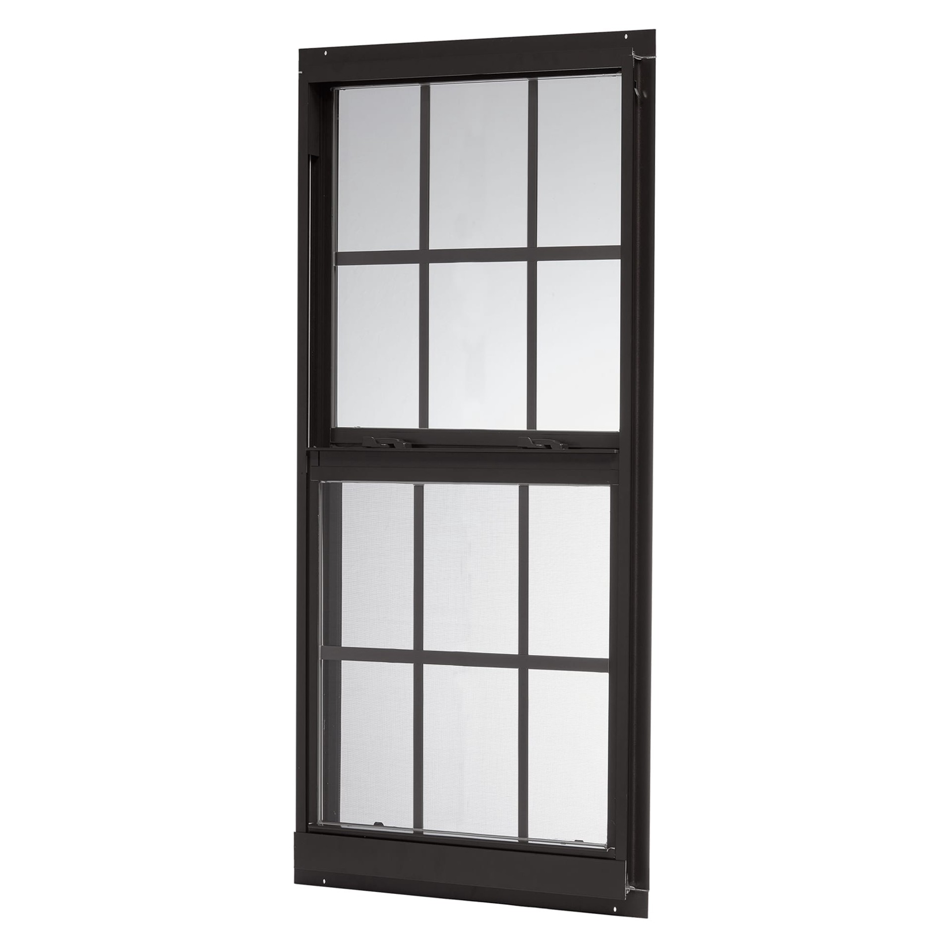 slide 1 of 6, RELIABILT 46000 Series 31-1/2-in x 59-1/2-in Black Exterior Aluminum New Construction Single Hung Window Low-E Double Pane Glass with Grids, (Half Screen Included), 1 ct