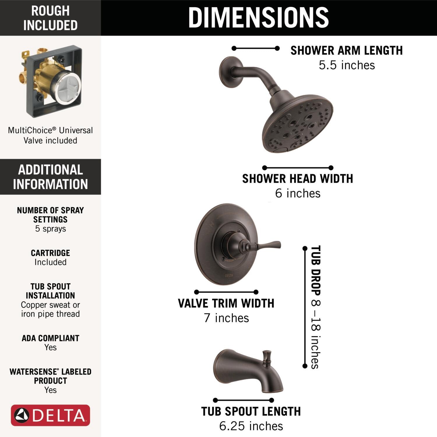slide 4 of 6, Delta Archdale Venetian Bronze 1-handle 6-in Round Bathtub and shower Faucet with Valve (Multi-function), 1 ct