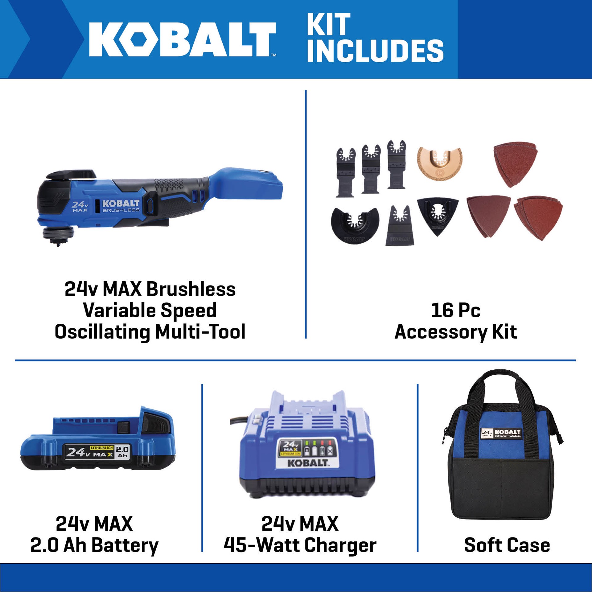 slide 2 of 6, Kobalt 24-volt Cordless Brushless Variable speed 17 -Piece Oscillating Multi-Tool with Soft ( 1 -Batteries Included and Charger Included ), 1 ct