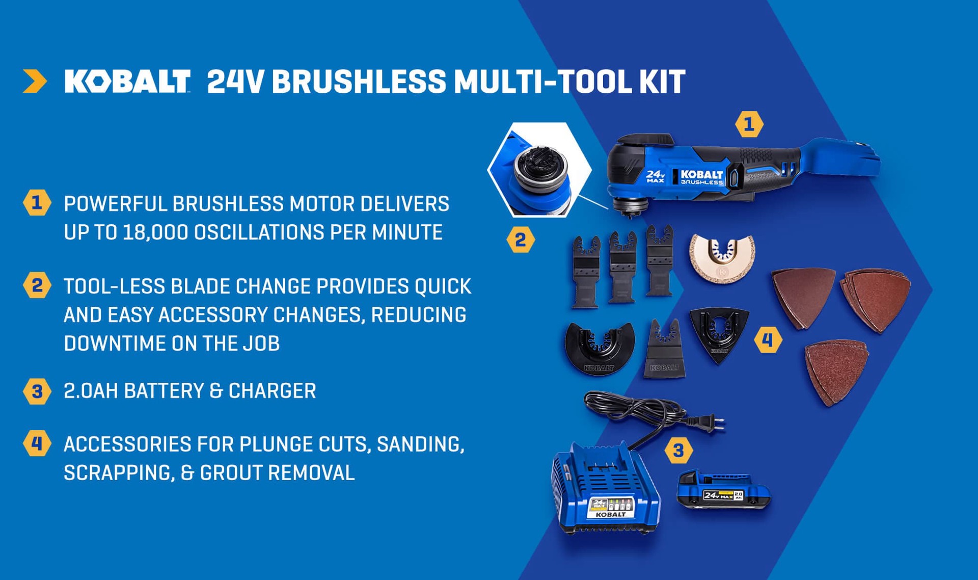 slide 3 of 6, Kobalt 24-volt Cordless Brushless Variable speed 17 -Piece Oscillating Multi-Tool with Soft ( 1 -Batteries Included and Charger Included ), 1 ct