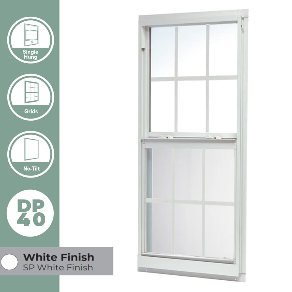 slide 3 of 6, RELIABILT 46000 Series 31-1/2-in x 59-1/2-in White Exterior Aluminum New Construction Single Hung Window Low-E Double Pane Glass with Grids, (Half Screen Included), 1 ct