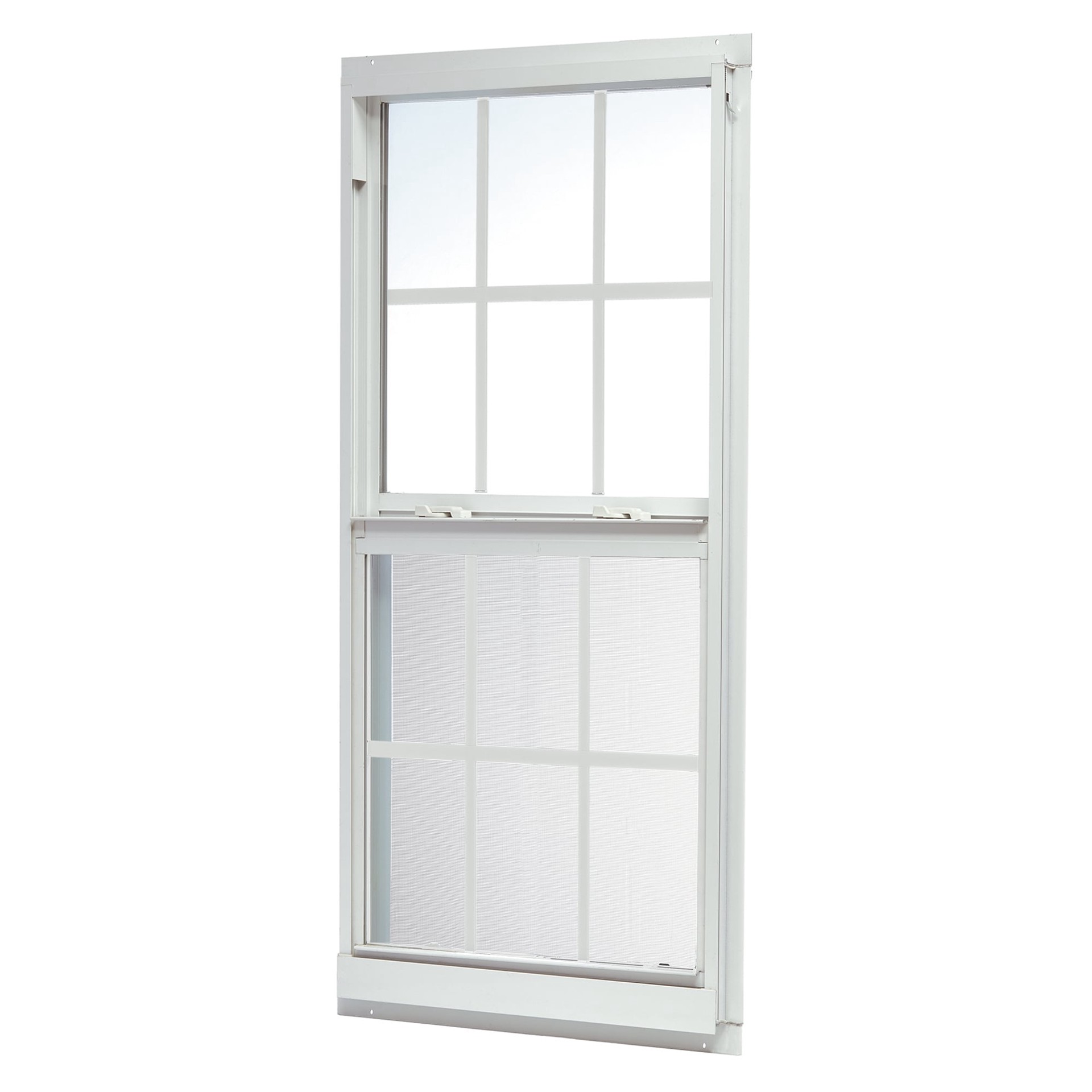 slide 1 of 6, RELIABILT 46000 Series 31-1/2-in x 59-1/2-in White Exterior Aluminum New Construction Single Hung Window Low-E Double Pane Glass with Grids, (Half Screen Included), 1 ct