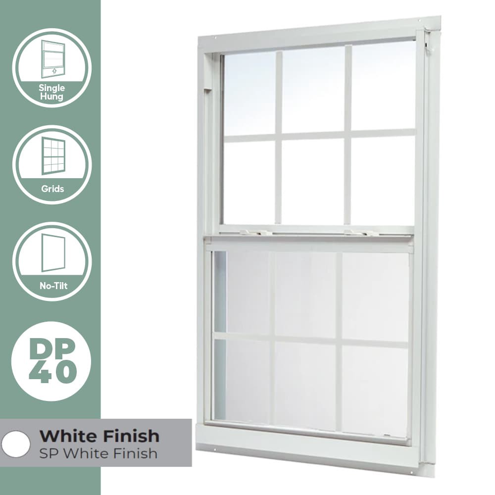 slide 3 of 6, RELIABILT 46000 Series 35-1/2-in x 47-1/2-in White Exterior Aluminum New Construction Single Hung Window Low-E Double Pane Glass with Grids, (Half Screen Included), 1 ct