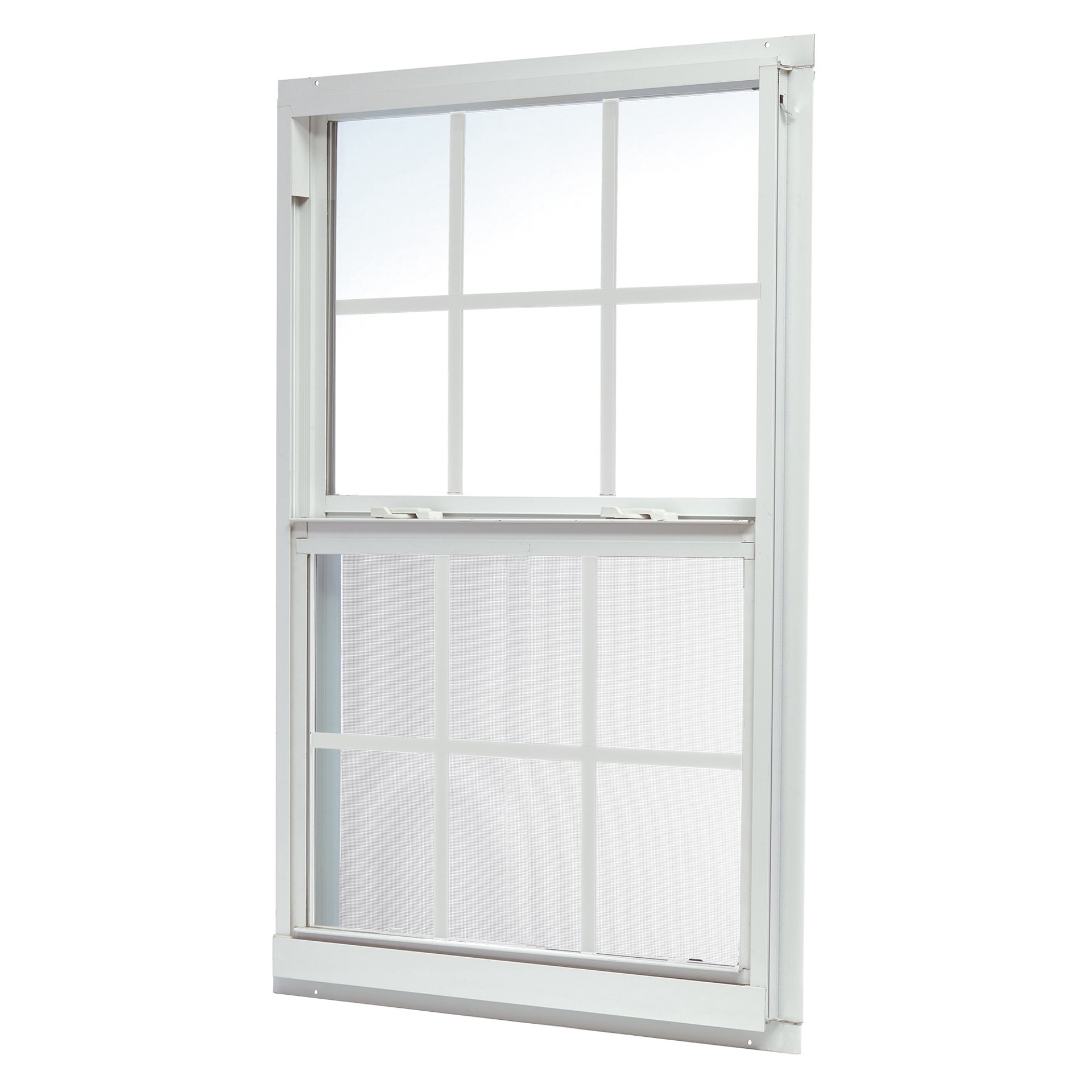 slide 1 of 6, RELIABILT 46000 Series 35-1/2-in x 47-1/2-in White Exterior Aluminum New Construction Single Hung Window Low-E Double Pane Glass with Grids, (Half Screen Included), 1 ct