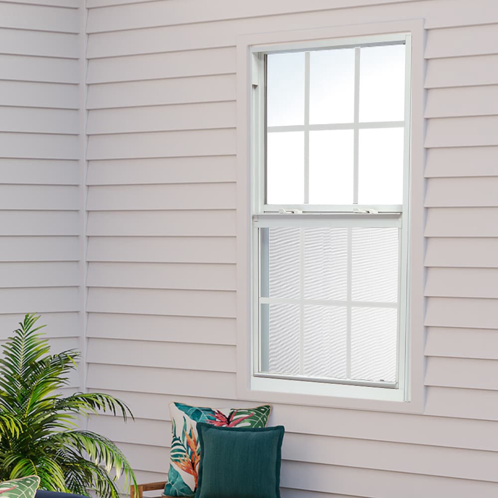 slide 2 of 6, RELIABILT 46000 Series 35-1/2-in x 35-1/2-in White Exterior Aluminum New Construction Single Hung Window Low-E Double Pane Glass with Grids, (Half Screen Included), 1 ct