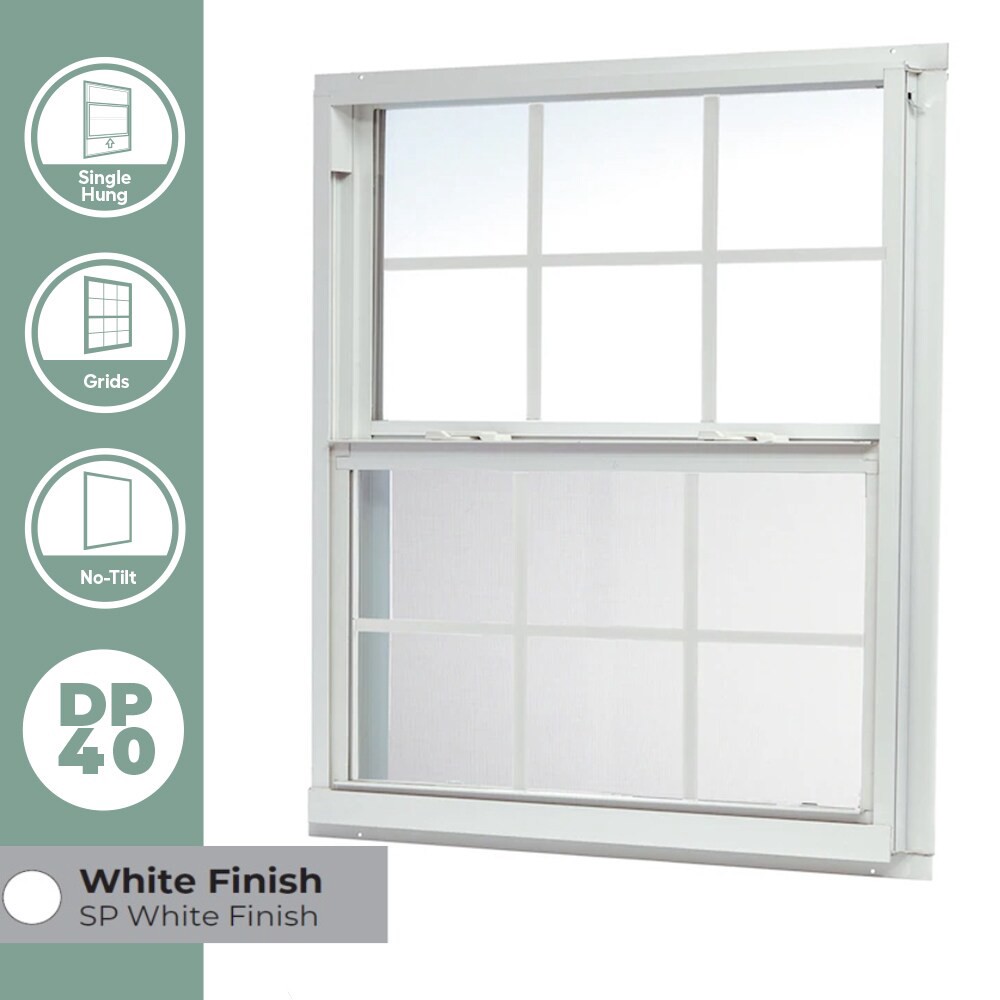 slide 3 of 6, RELIABILT 46000 Series 35-1/2-in x 35-1/2-in White Exterior Aluminum New Construction Single Hung Window Low-E Double Pane Glass with Grids, (Half Screen Included), 1 ct