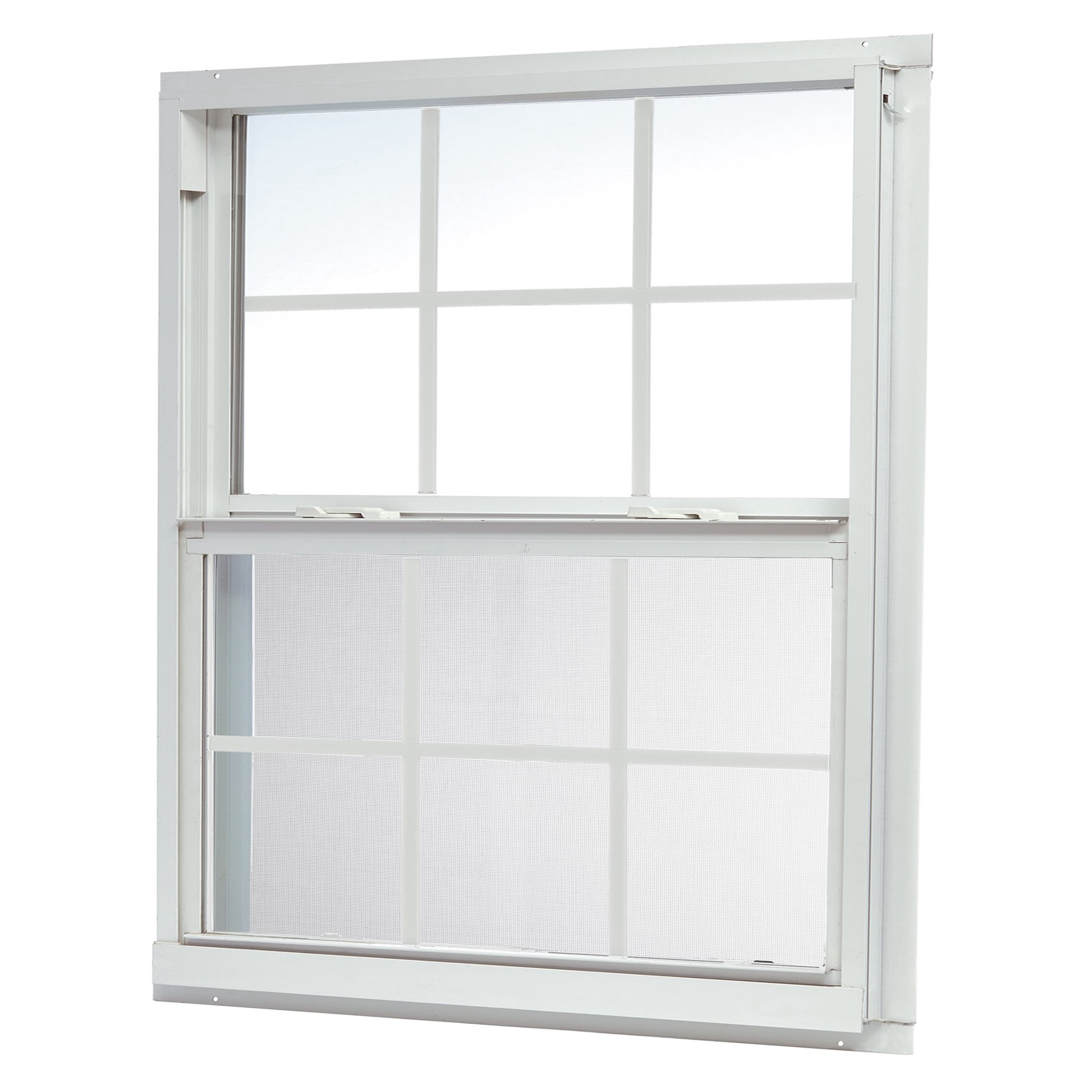 slide 1 of 6, RELIABILT 46000 Series 35-1/2-in x 35-1/2-in White Exterior Aluminum New Construction Single Hung Window Low-E Double Pane Glass with Grids, (Half Screen Included), 1 ct