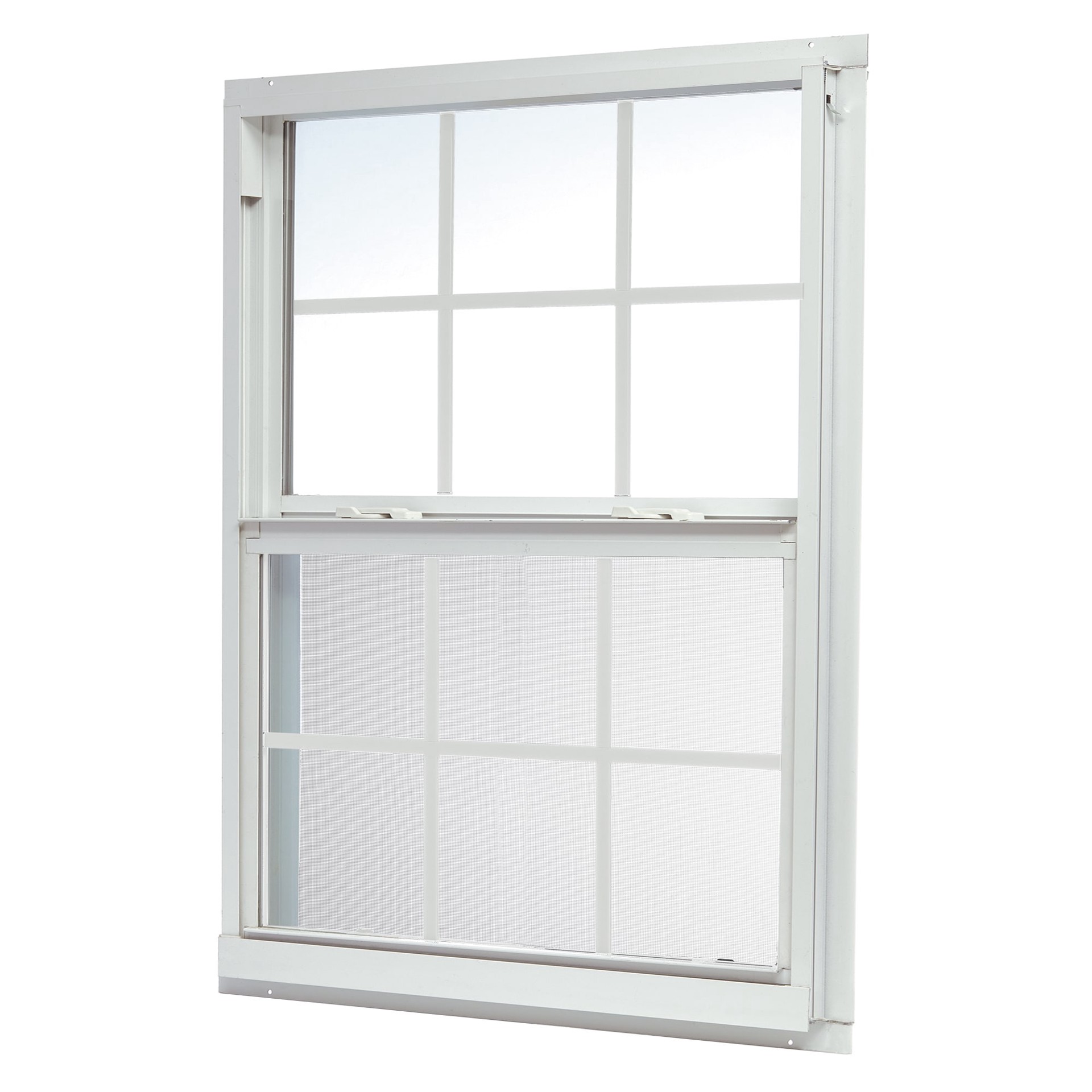 slide 1 of 6, RELIABILT 46000 Series 31-1/2-in x 35-1/2-in White Exterior Aluminum New Construction Single Hung Window Low-E Double Pane Glass with Grids, (Half Screen Included), 1 ct