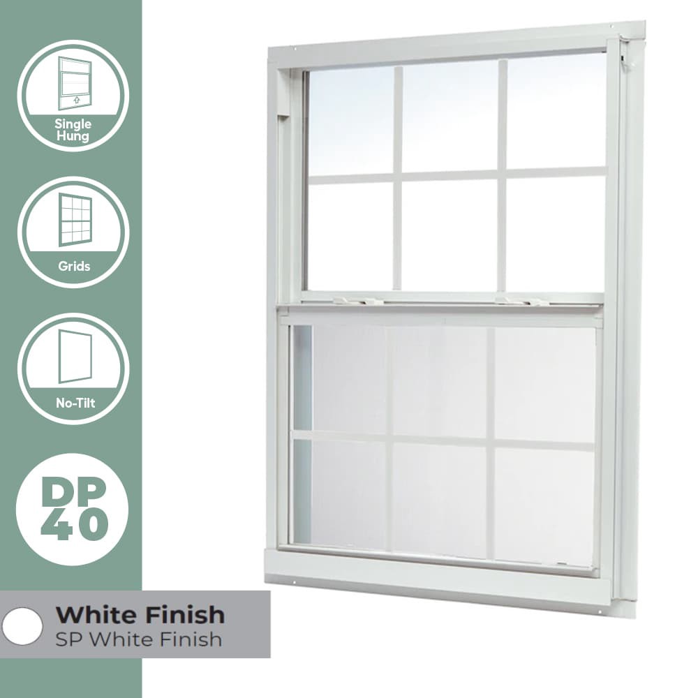 slide 3 of 6, RELIABILT 46000 Series 23-1/2-in x 35-1/2-in White Exterior Aluminum New Construction Single Hung Window Low-E Double Pane Glass with Grids, (Half Screen Included), 1 ct