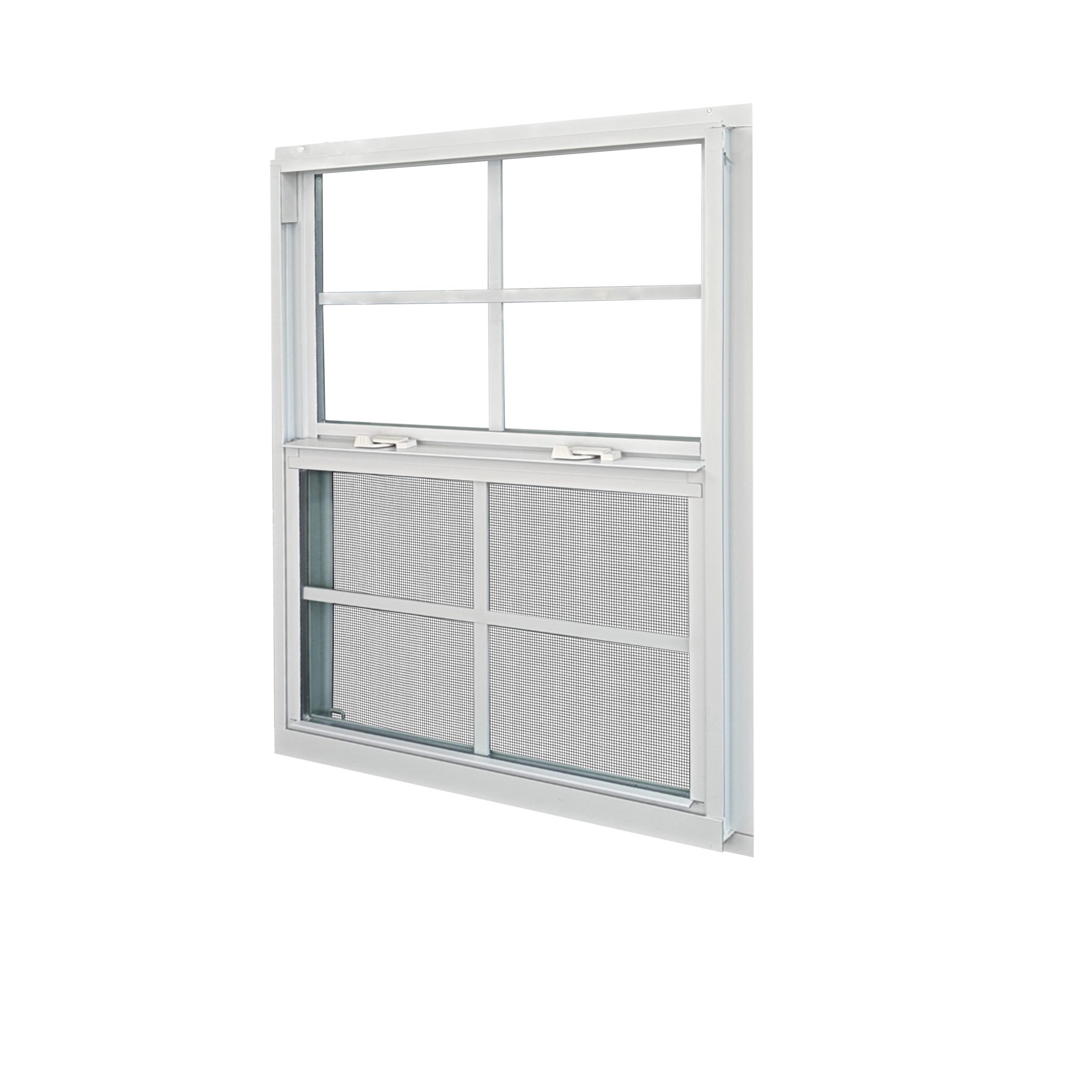 slide 1 of 6, RELIABILT 46000 Series 23-1/2-in x 35-1/2-in White Exterior Aluminum New Construction Single Hung Window Low-E Double Pane Glass with Grids, (Half Screen Included), 1 ct