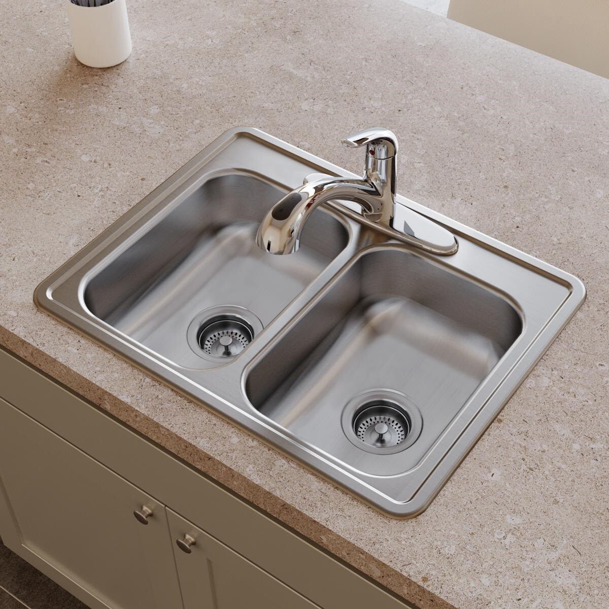 slide 4 of 6, Dayton Drop-in 25-in x 19-in Stainless steel Double equal bowl 22 -Gauge Kitchen Sink, 1 ct