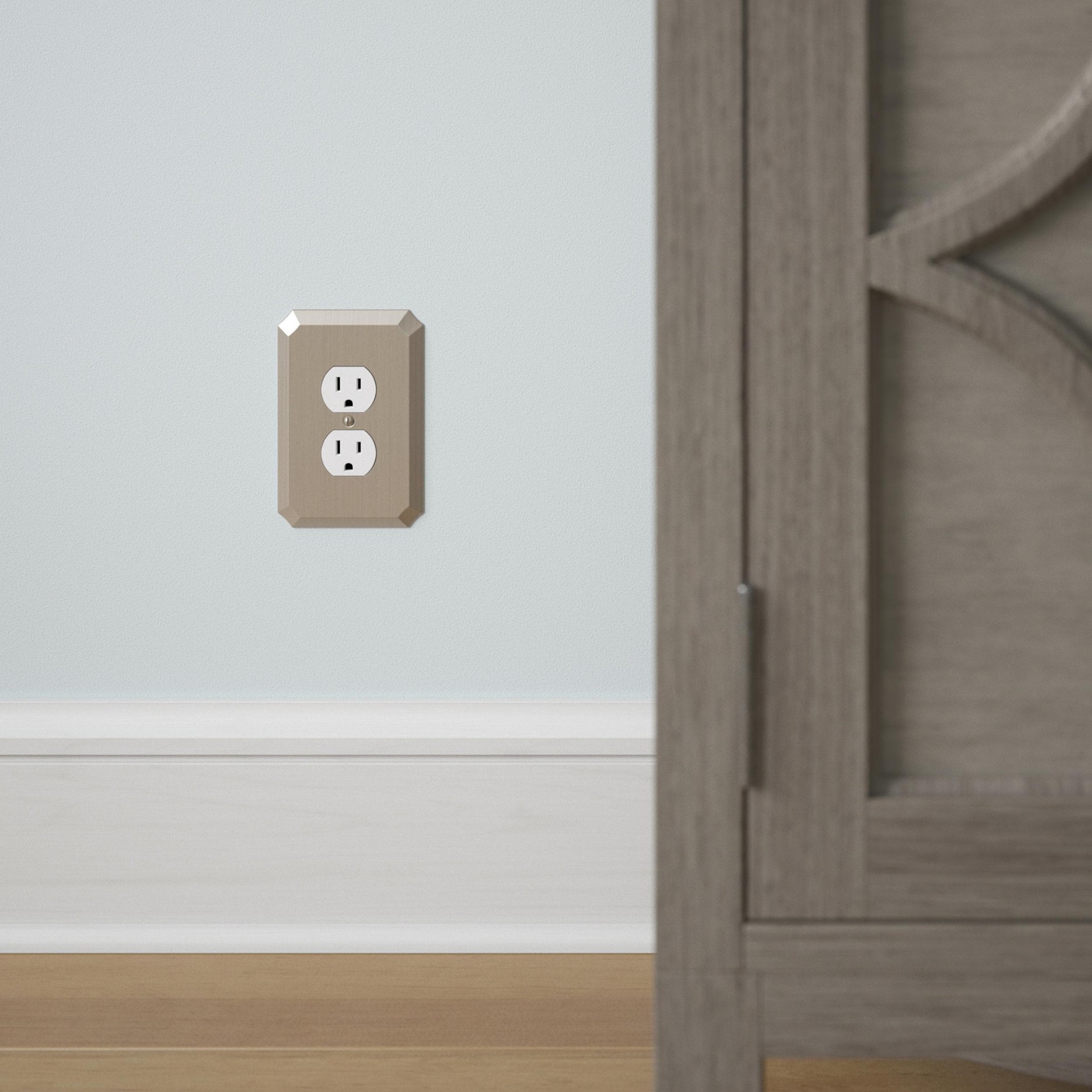 slide 2 of 6, allen + roth Advington 1 -Gang Midsize Size Satin Nickel Steel Indoor Duplex Wall Plate, 1 ct