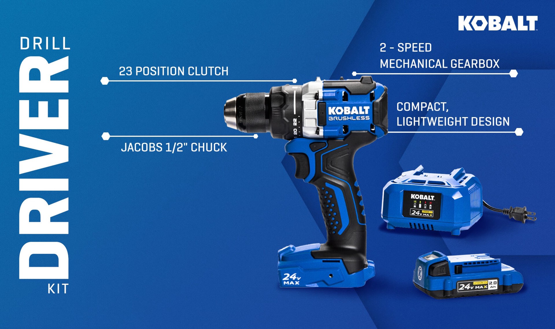 slide 3 of 6, Kobalt 24-volt 1/2-in Keyless Brushless Cordless Drill ( 1 -Batteries Included, and Charger Included ), 1 ct