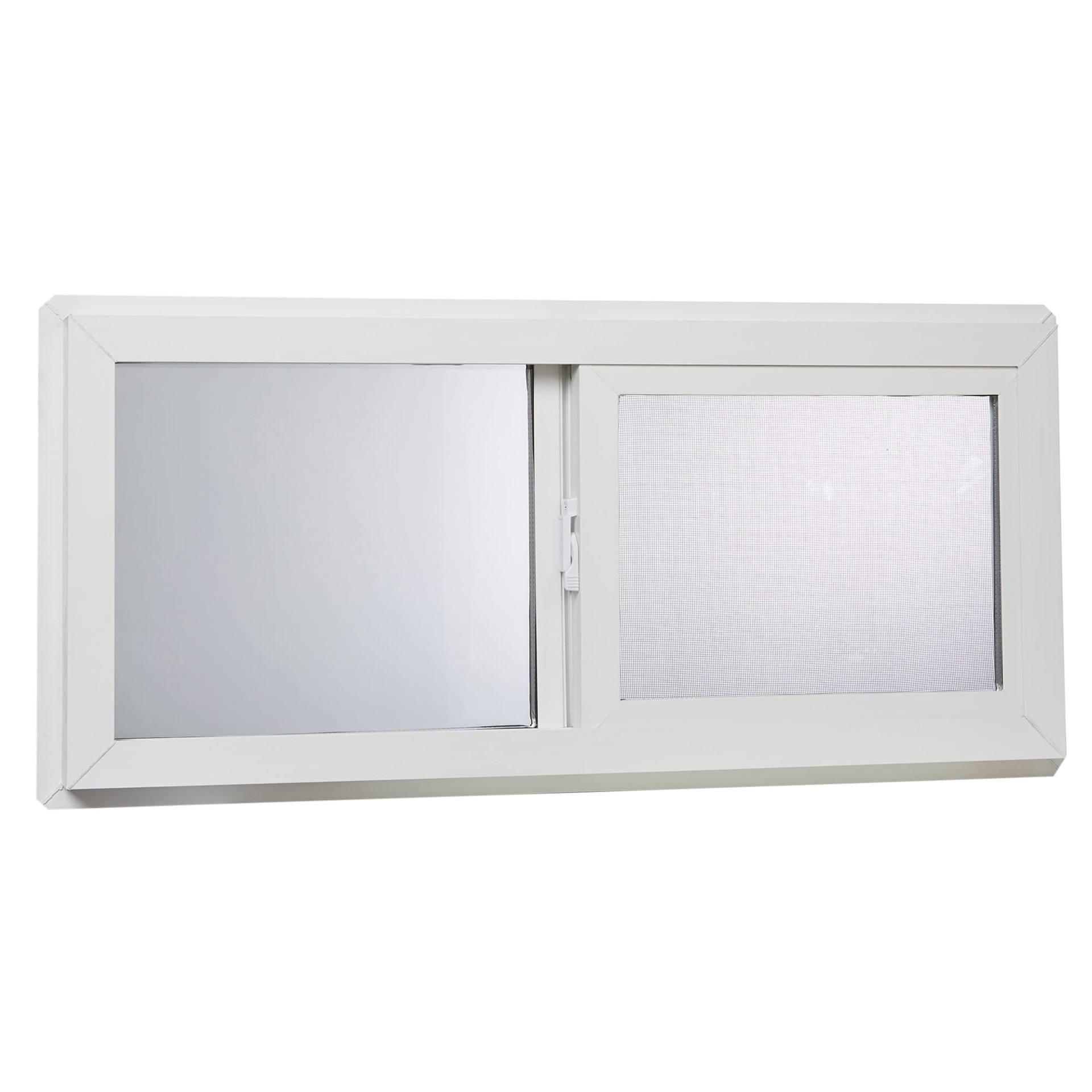slide 1 of 6, RELIABILT 31-3/4-in x 13-3/4-in White Exterior White Interior Left-Handed Vinyl Sliding Window Double strength (Half Screen Included), 1 ct