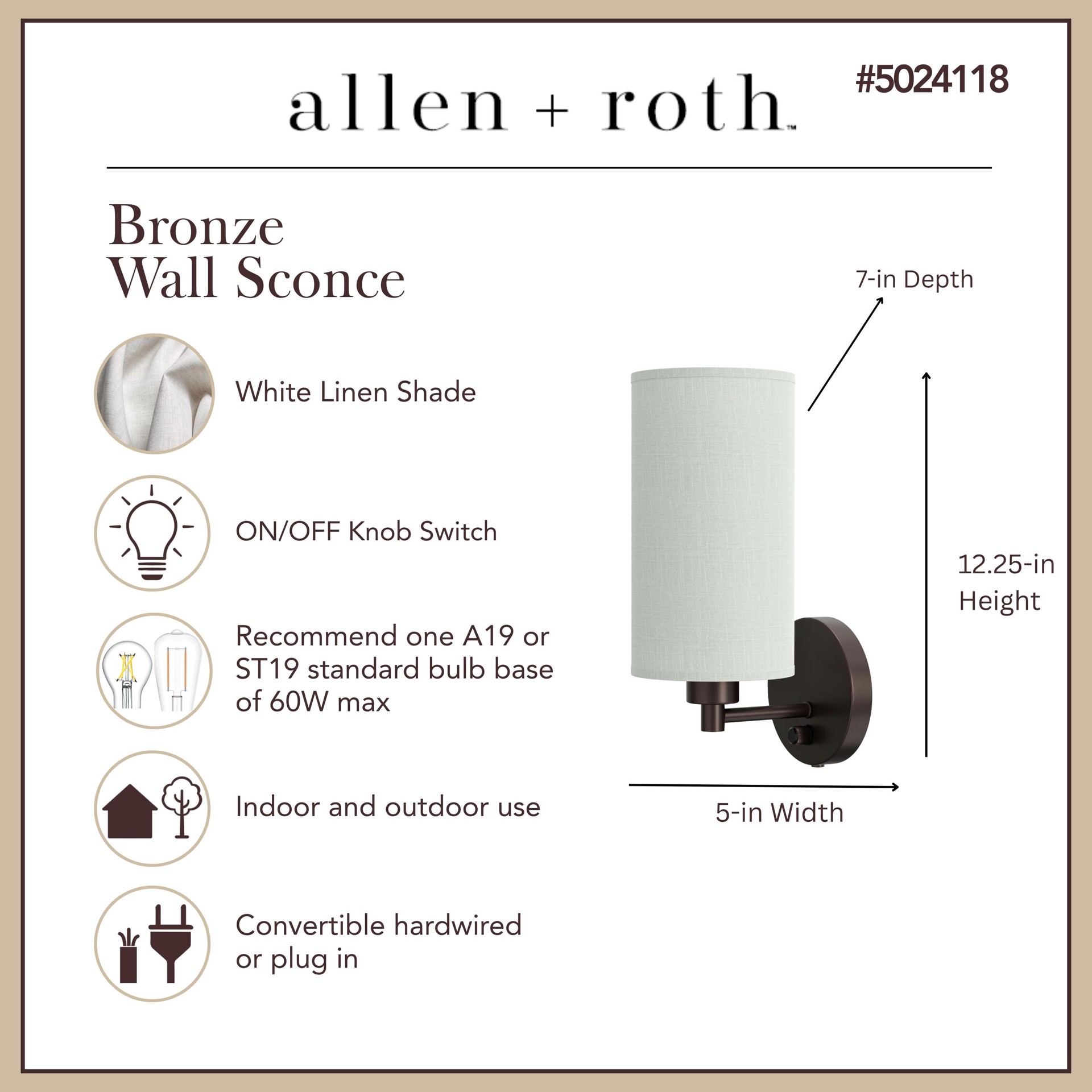slide 3 of 6, allen + roth Korto 5-in W 1 -Light Bronze Transitional Wall Sconce, 1 ct