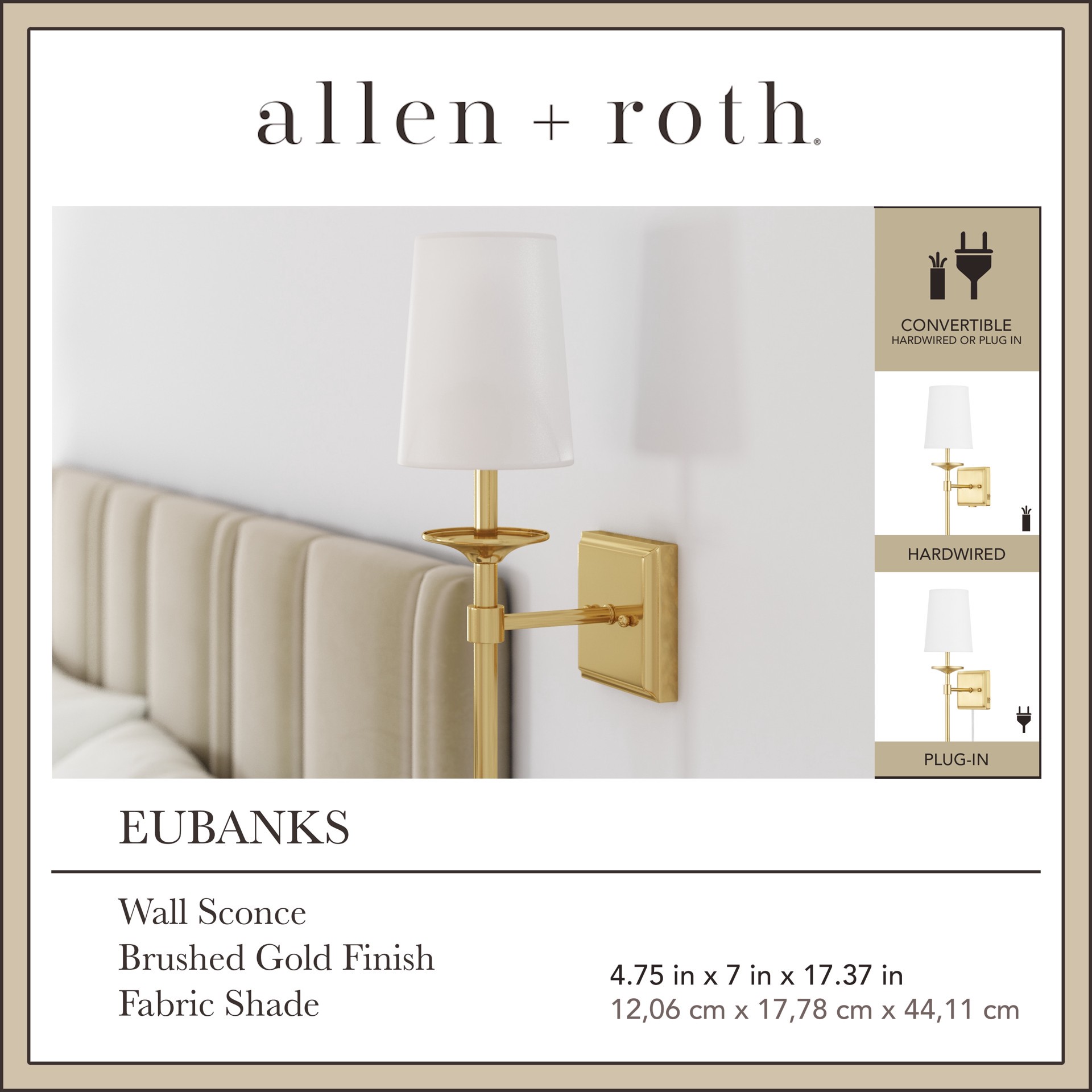 slide 3 of 6, allen + roth Eubanks 4.75-in W 1 -Light Brushed Gold Transitional Wall Sconce, 1 ct
