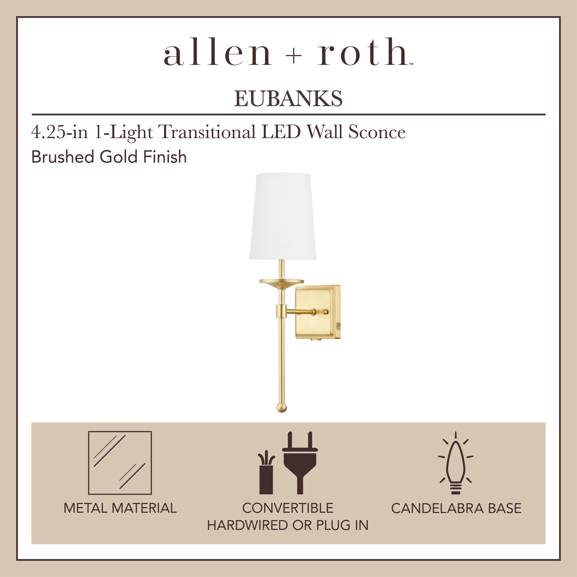 slide 2 of 6, allen + roth Eubanks 4.75-in W 1 -Light Brushed Gold Transitional Wall Sconce, 1 ct