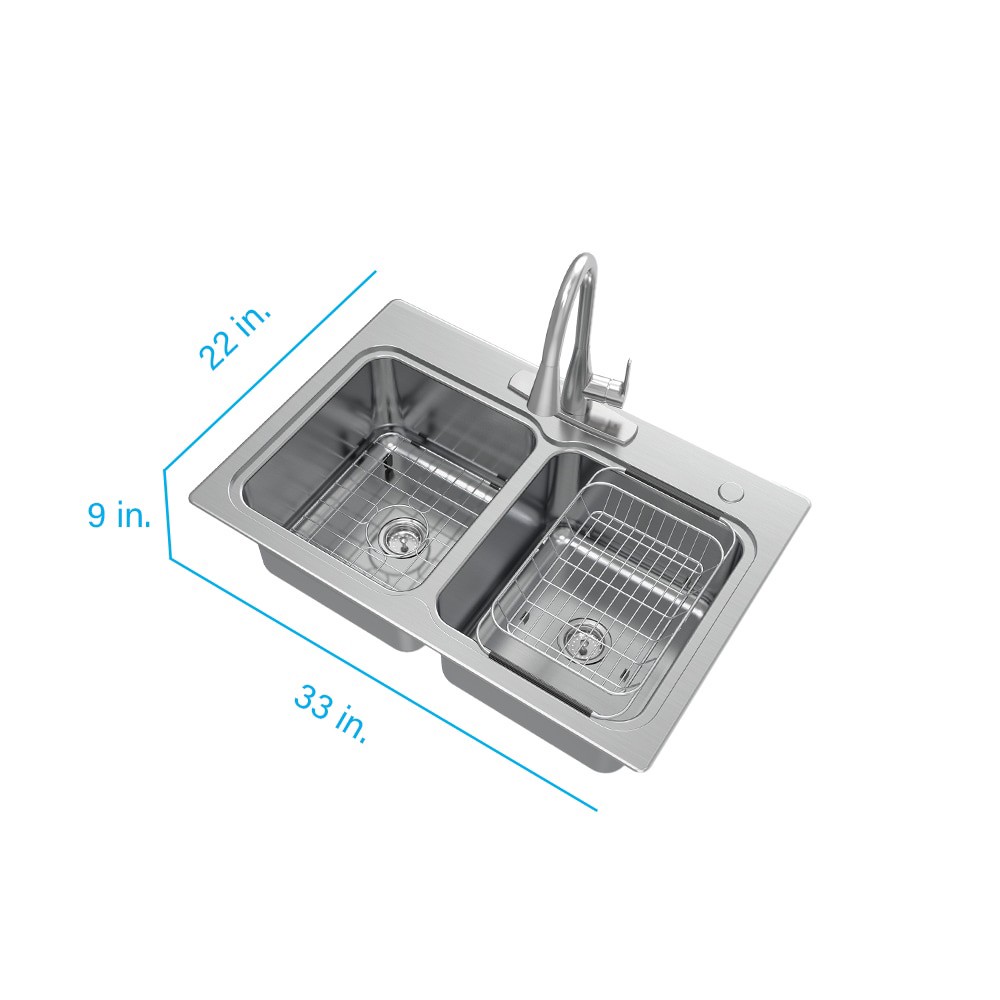 slide 3 of 6, allen + roth Hoffman Drop-in or undermount 33-in x 22-in Stainless steel Double equal bowl 20 -Gauge Kitchen Sink All-in-One Kit, 1 ct