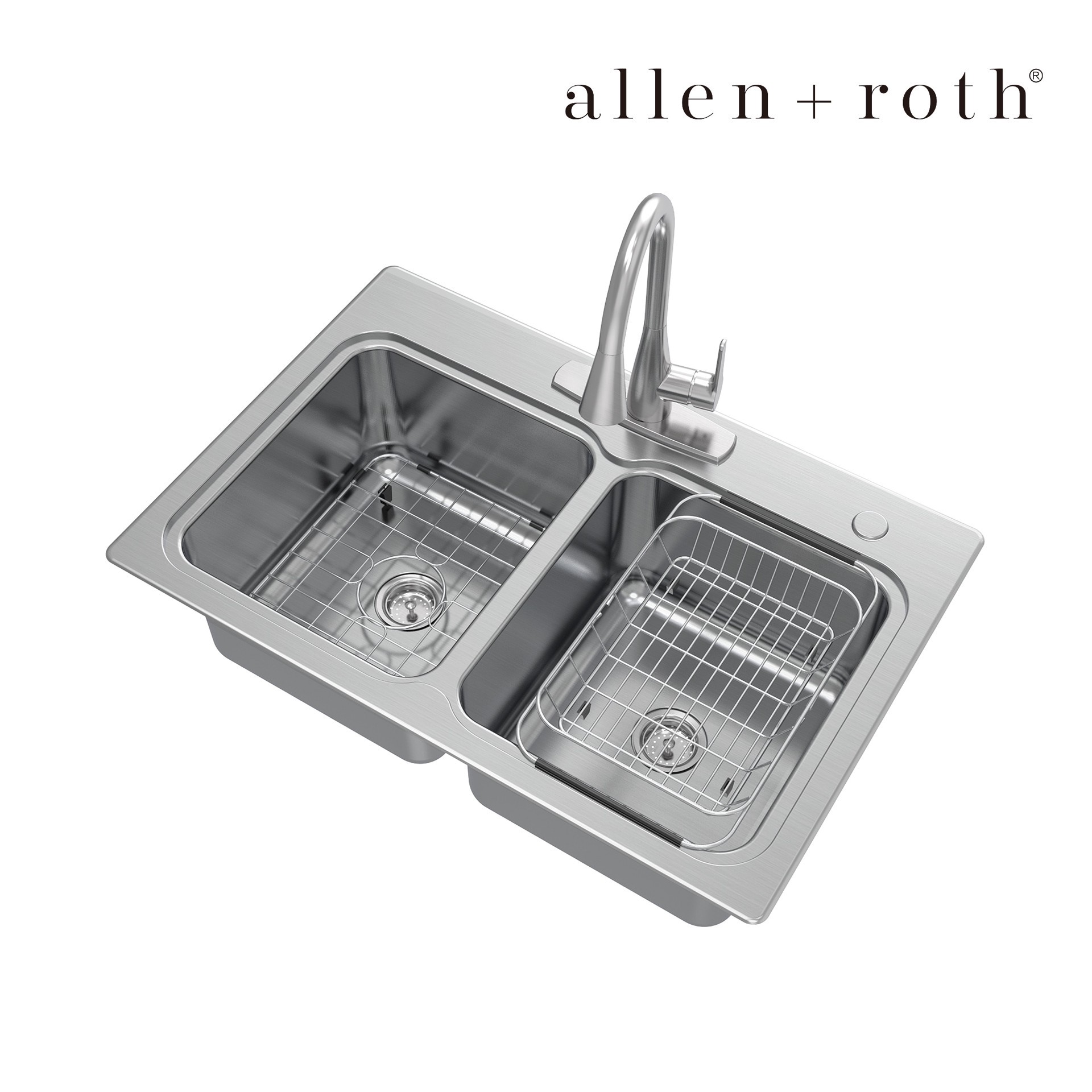 slide 5 of 6, allen + roth Hoffman Drop-in or undermount 33-in x 22-in Stainless steel Double equal bowl 20 -Gauge Kitchen Sink All-in-One Kit, 1 ct