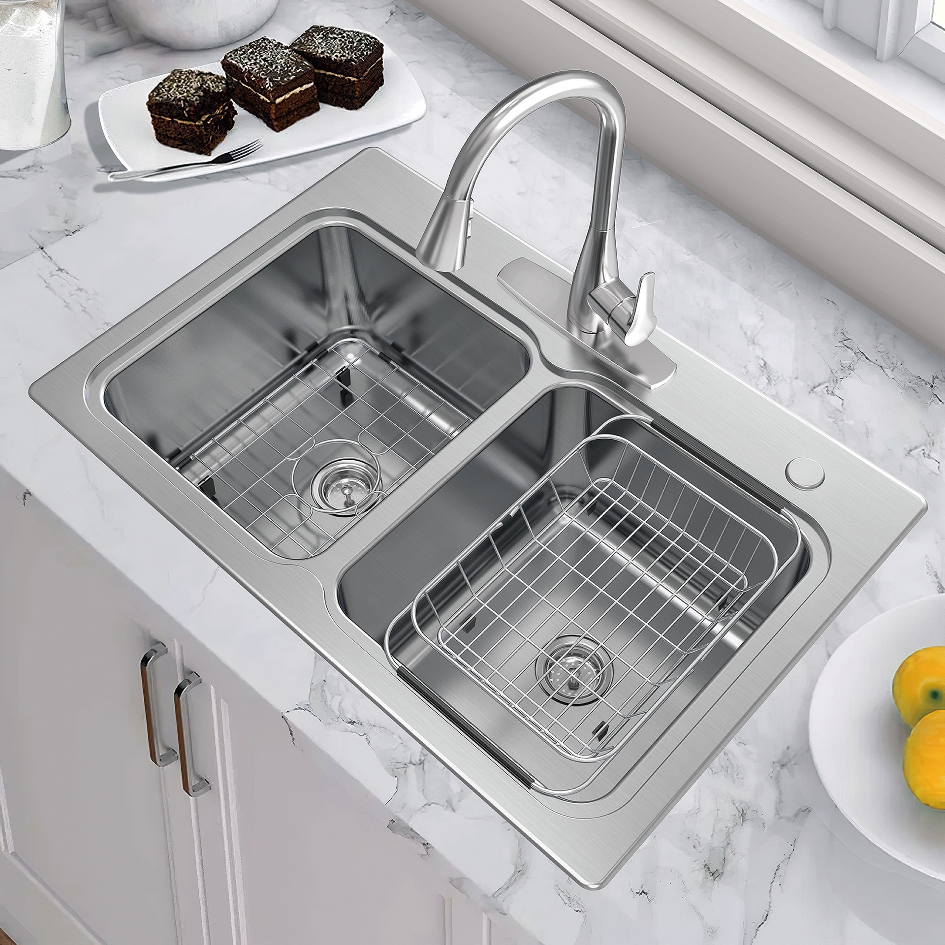 slide 4 of 6, allen + roth Hoffman Drop-in or undermount 33-in x 22-in Stainless steel Double equal bowl 20 -Gauge Kitchen Sink All-in-One Kit, 1 ct