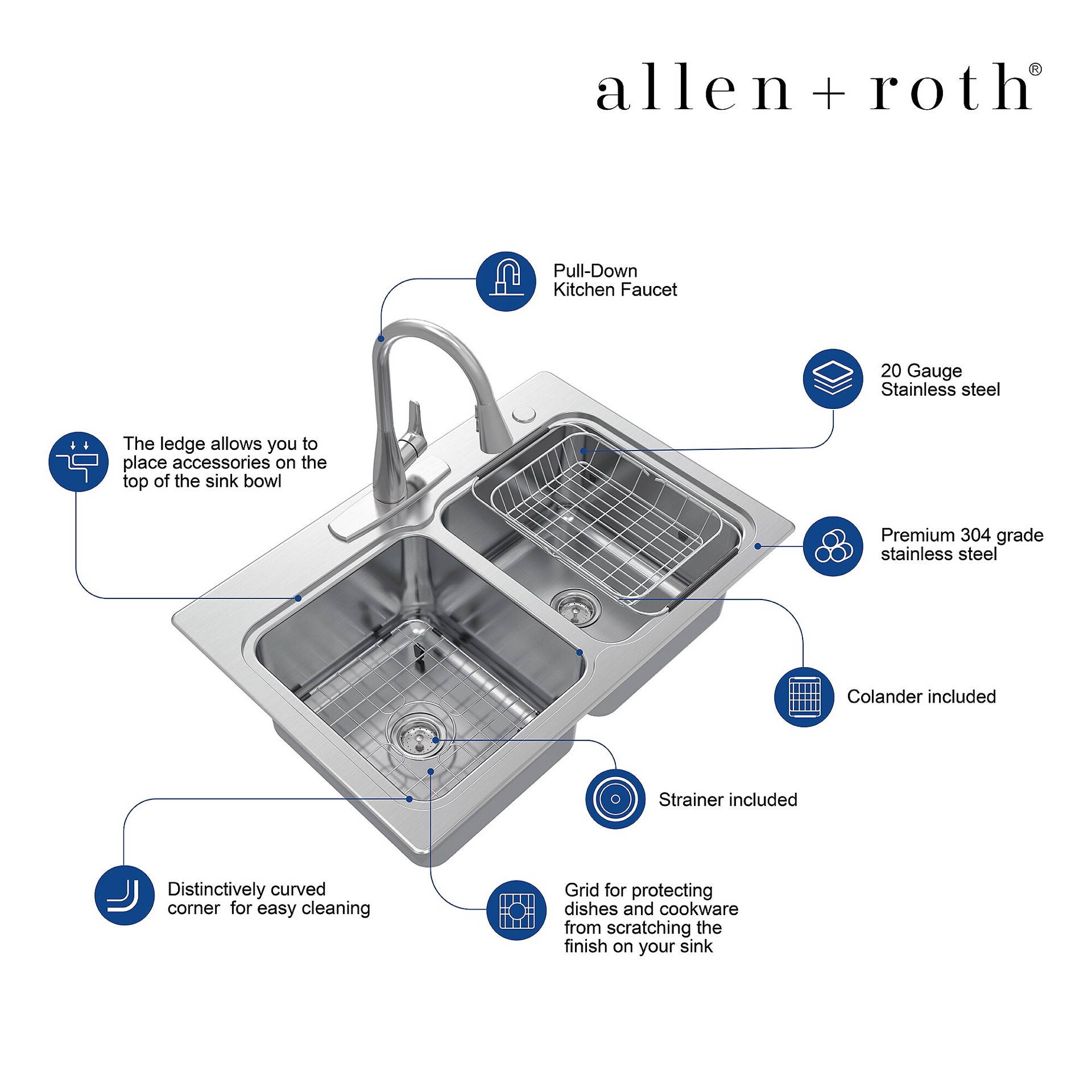 slide 6 of 6, allen + roth Hoffman Drop-in or undermount 33-in x 22-in Stainless steel Double equal bowl 20 -Gauge Kitchen Sink All-in-One Kit, 1 ct