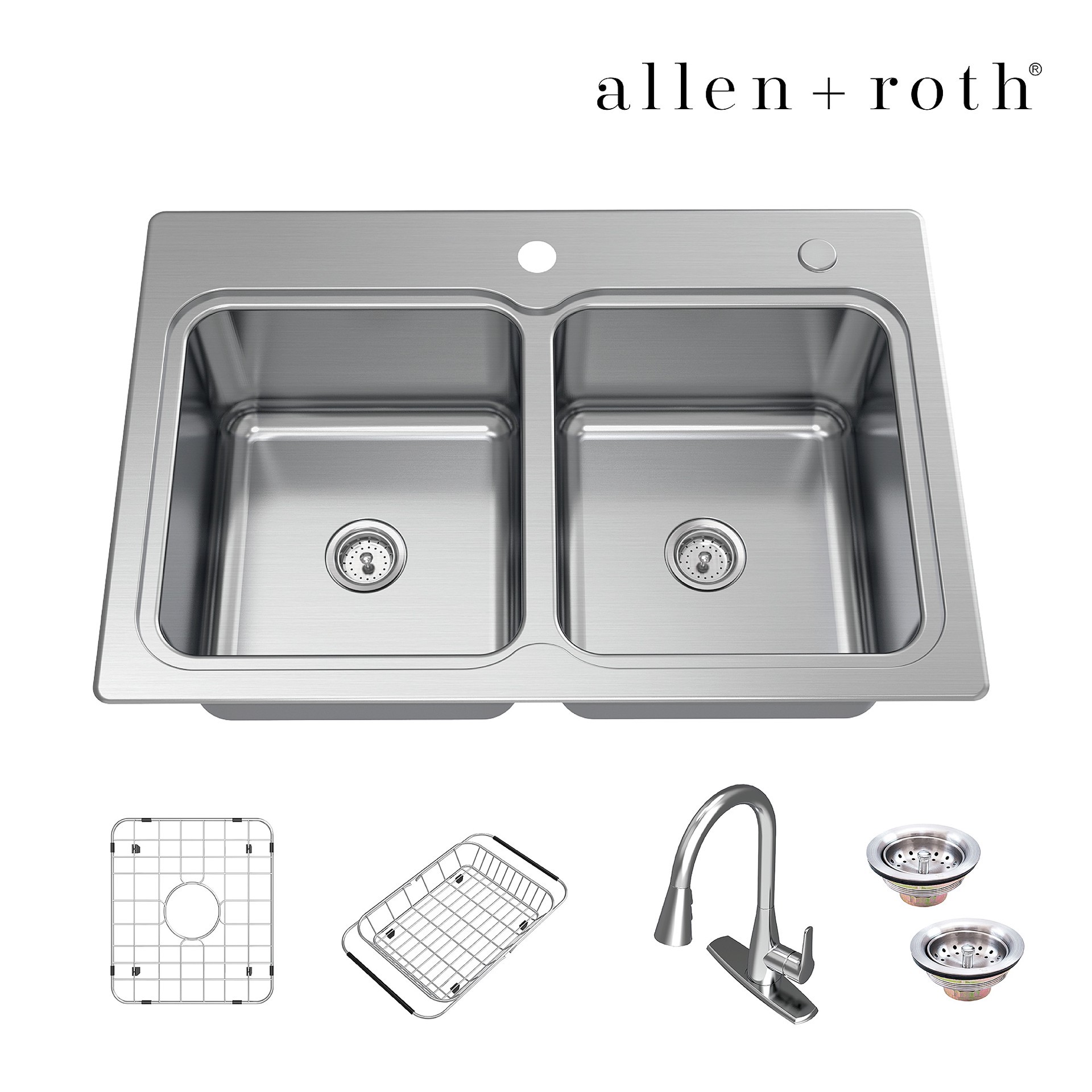 slide 1 of 6, allen + roth Hoffman Drop-in or undermount 33-in x 22-in Stainless steel Double equal bowl 20 -Gauge Kitchen Sink All-in-One Kit, 1 ct