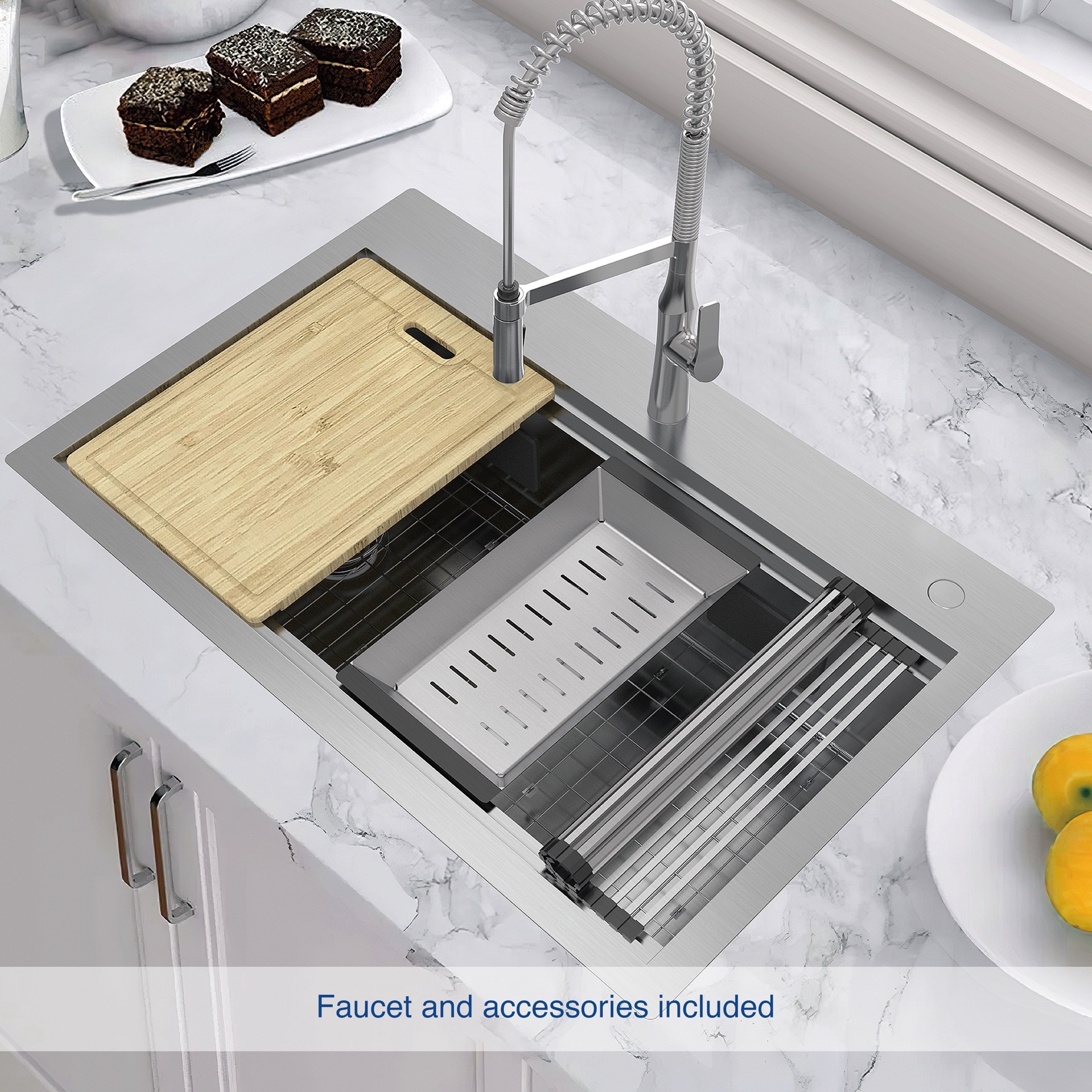 slide 4 of 6, allen + roth Dennison Drop-in or undermount 33-in x 22-in Stainless steel Single bowl 18 -Gauge Workstation Kitchen Sink All-in-One Kit, 1 ct