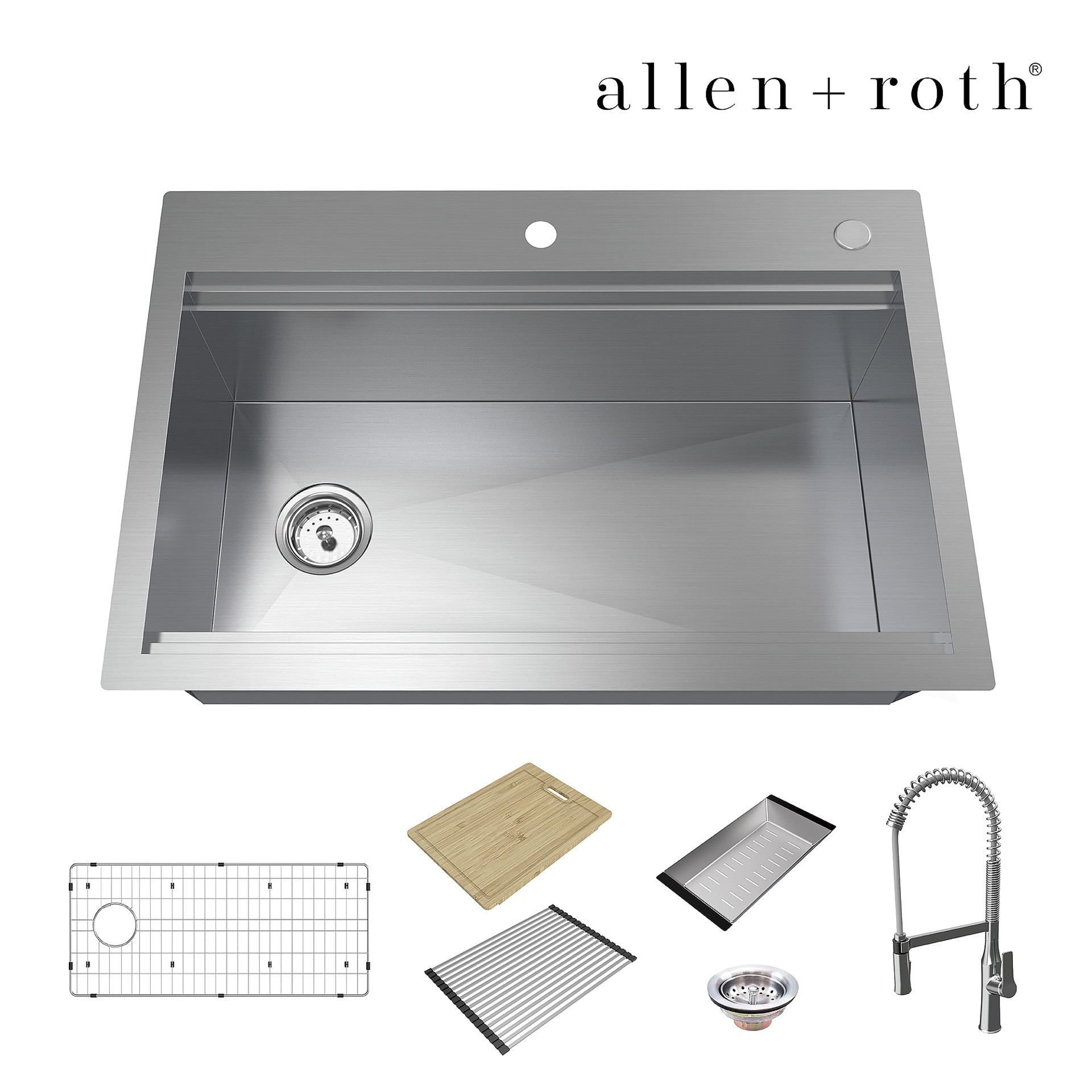 slide 1 of 6, allen + roth Dennison Drop-in or undermount 33-in x 22-in Stainless steel Single bowl 18 -Gauge Workstation Kitchen Sink All-in-One Kit, 1 ct