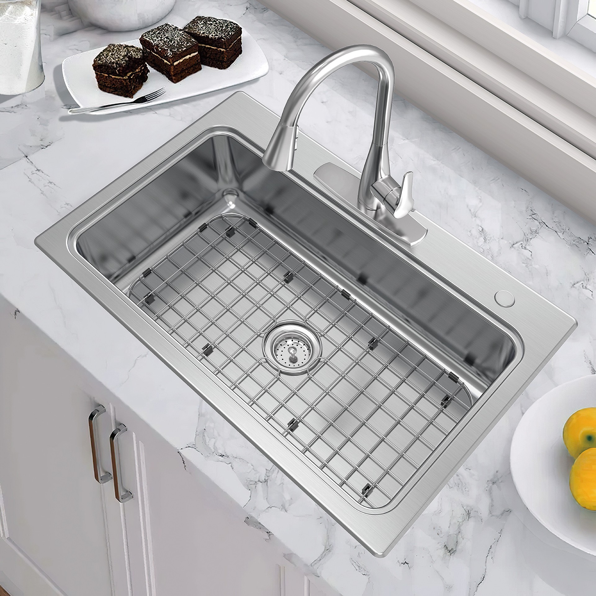 slide 4 of 6, allen + roth Hoffman Drop-in or undermount 33-in x 22-in Stainless steel Single bowl 18 -Gauge Kitchen Sink All-in-One Kit, 1 ct