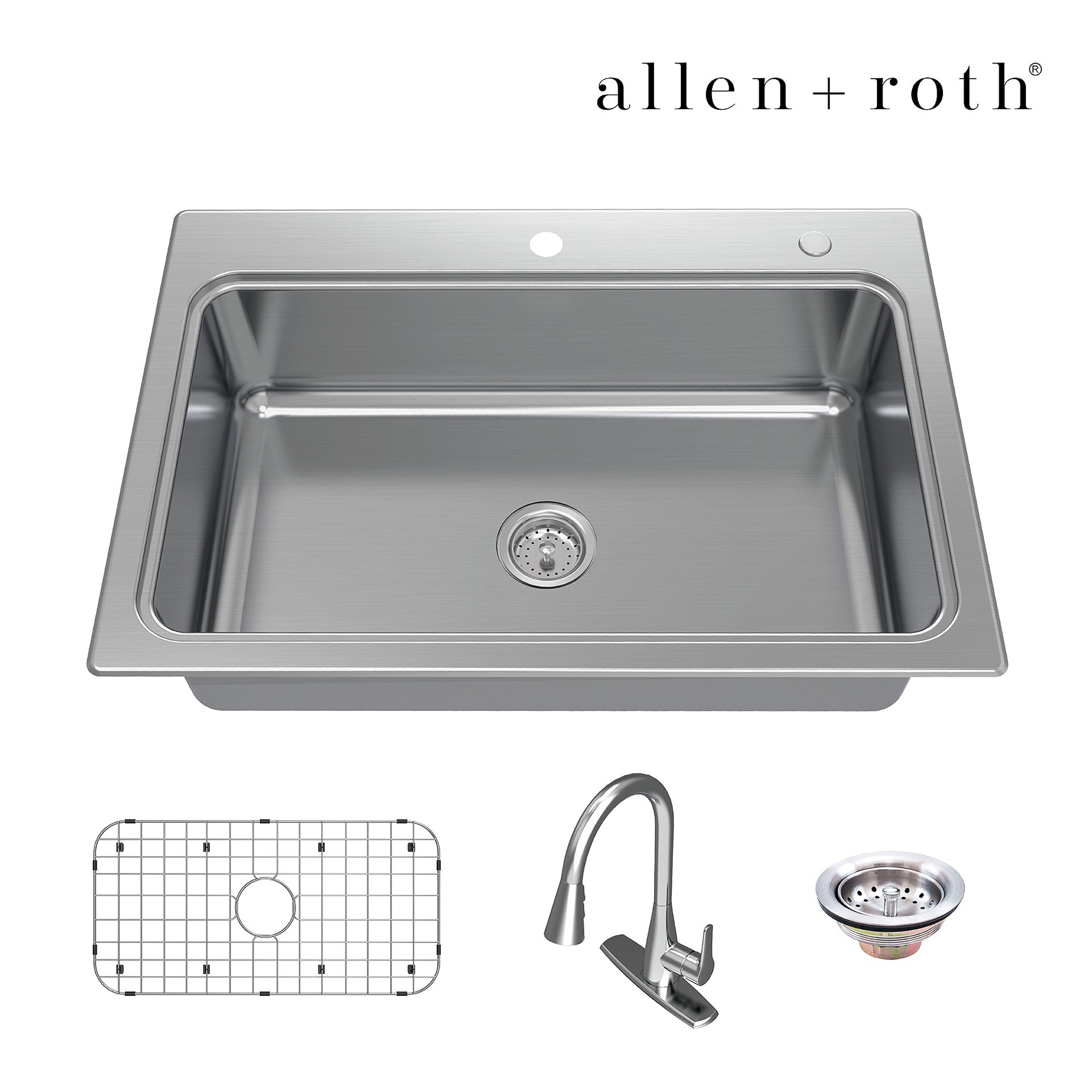 slide 1 of 6, allen + roth Hoffman Drop-in or undermount 33-in x 22-in Stainless steel Single bowl 18 -Gauge Kitchen Sink All-in-One Kit, 1 ct
