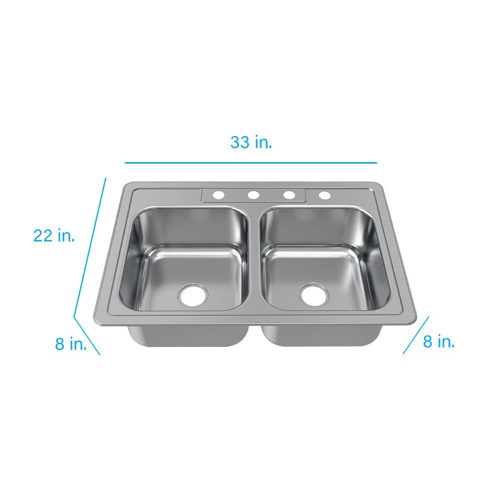 slide 3 of 6, allen + roth Fenway Drop-in 33-in x 22-in Stainless steel Double equal bowl 20 -Gauge Kitchen Sink, 1 ct
