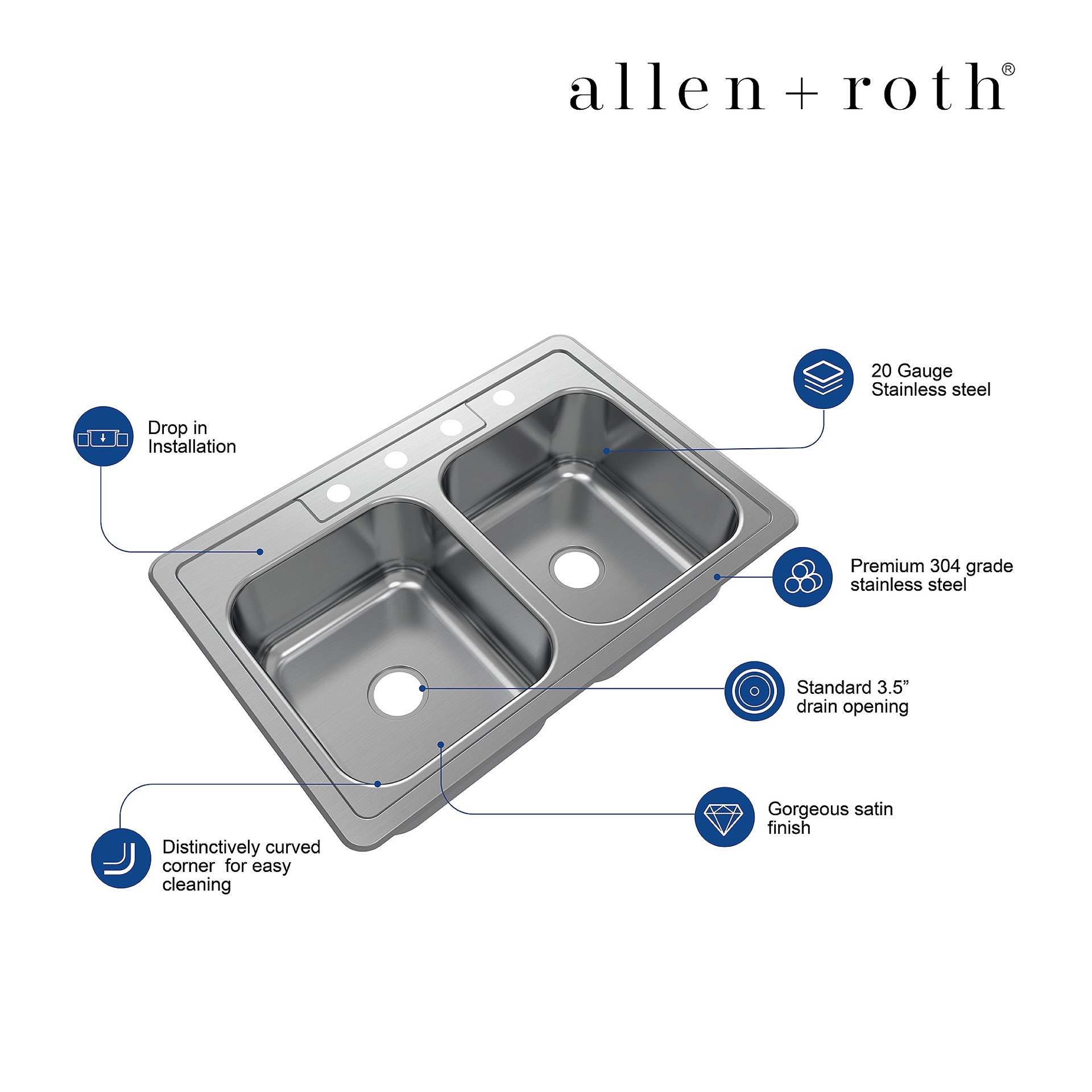 slide 5 of 6, allen + roth Fenway Drop-in 33-in x 22-in Stainless steel Double equal bowl 20 -Gauge Kitchen Sink, 1 ct