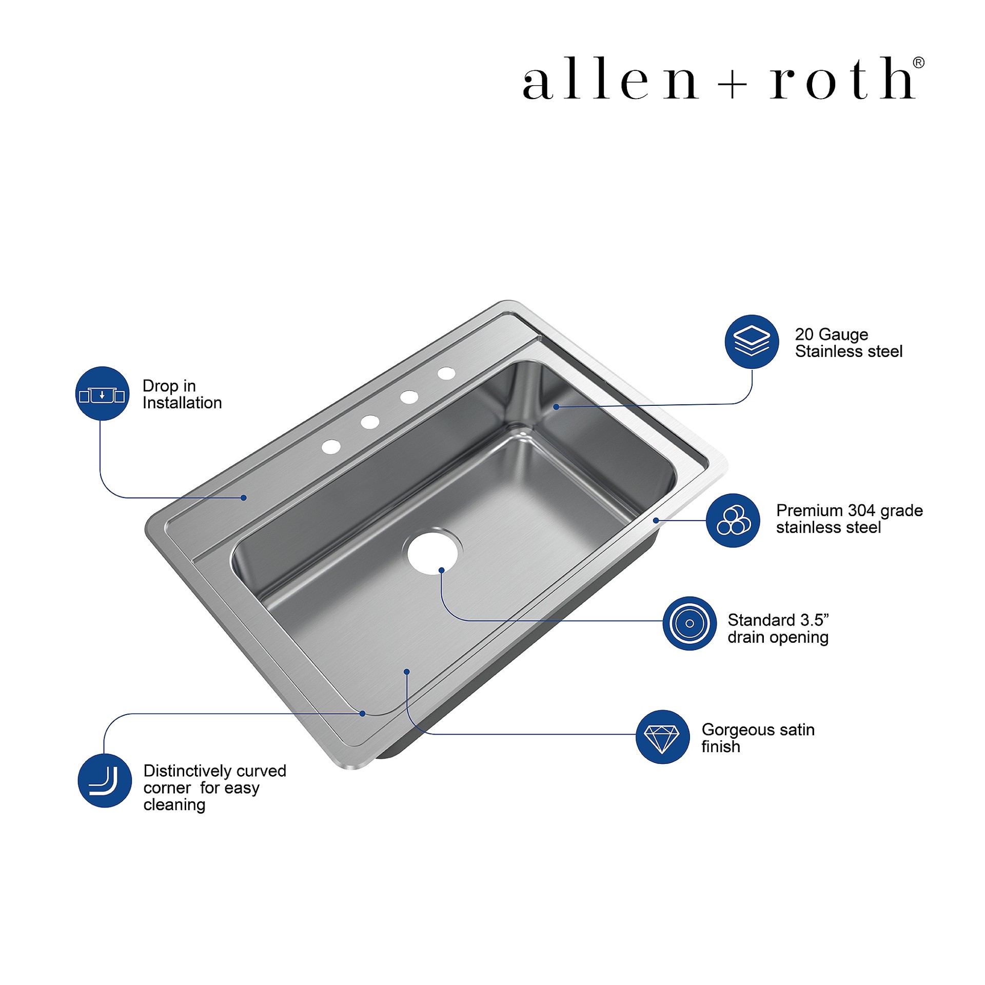 slide 6 of 6, allen + roth Fenway Drop-in 33-in x 22-in Stainless steel Single bowl 20 -Gauge Kitchen Sink, 1 ct