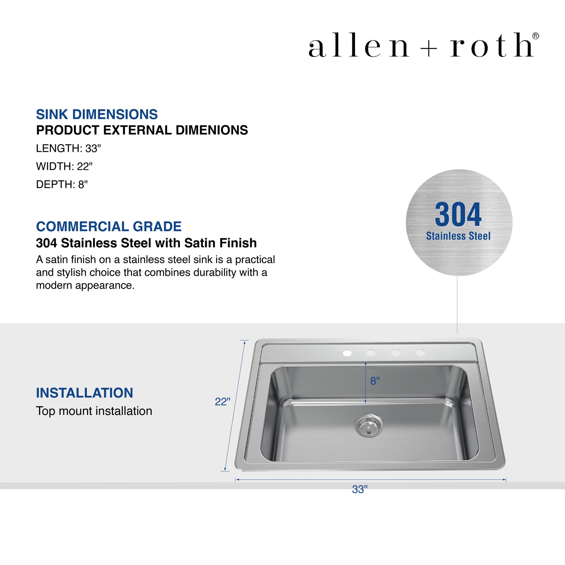 slide 5 of 6, allen + roth Fenway Drop-in 33-in x 22-in Stainless steel Single bowl 20 -Gauge Kitchen Sink, 1 ct