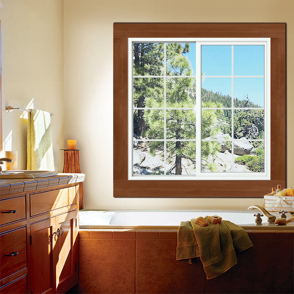slide 4 of 6, JELD-WEN V-2500 47-1/2-in x 47-1/2-in White Exterior White Interior Left-Handed Vinyl Sliding Window Annealed Glass with Grids (Full Screen Included), 1 ct