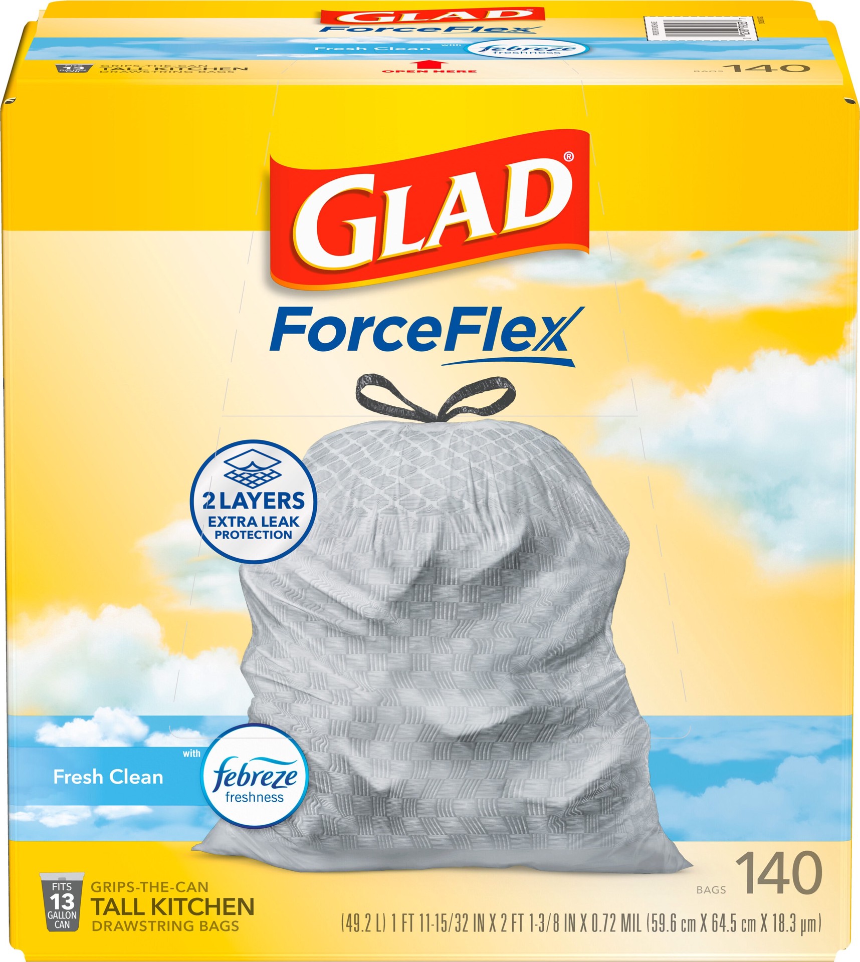 slide 3 of 6, Glad ForceFlex 13-Gallon Febreze Fresh Clean White Indoor Plastic Kitchen Drawstring Trash Bag 140 -Count, 1 ct