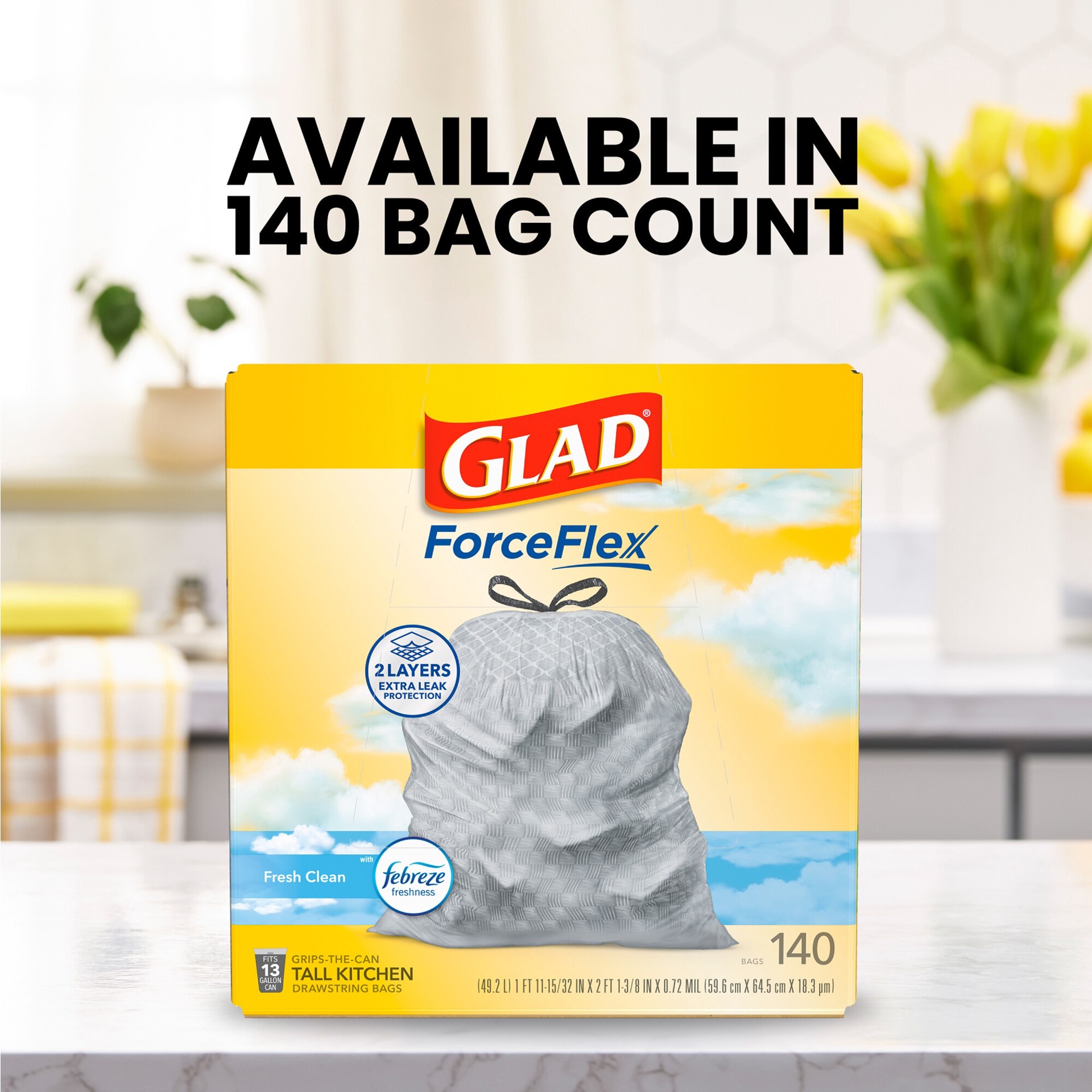 slide 5 of 6, Glad ForceFlex 13-Gallon Febreze Fresh Clean White Indoor Plastic Kitchen Drawstring Trash Bag 140 -Count, 1 ct