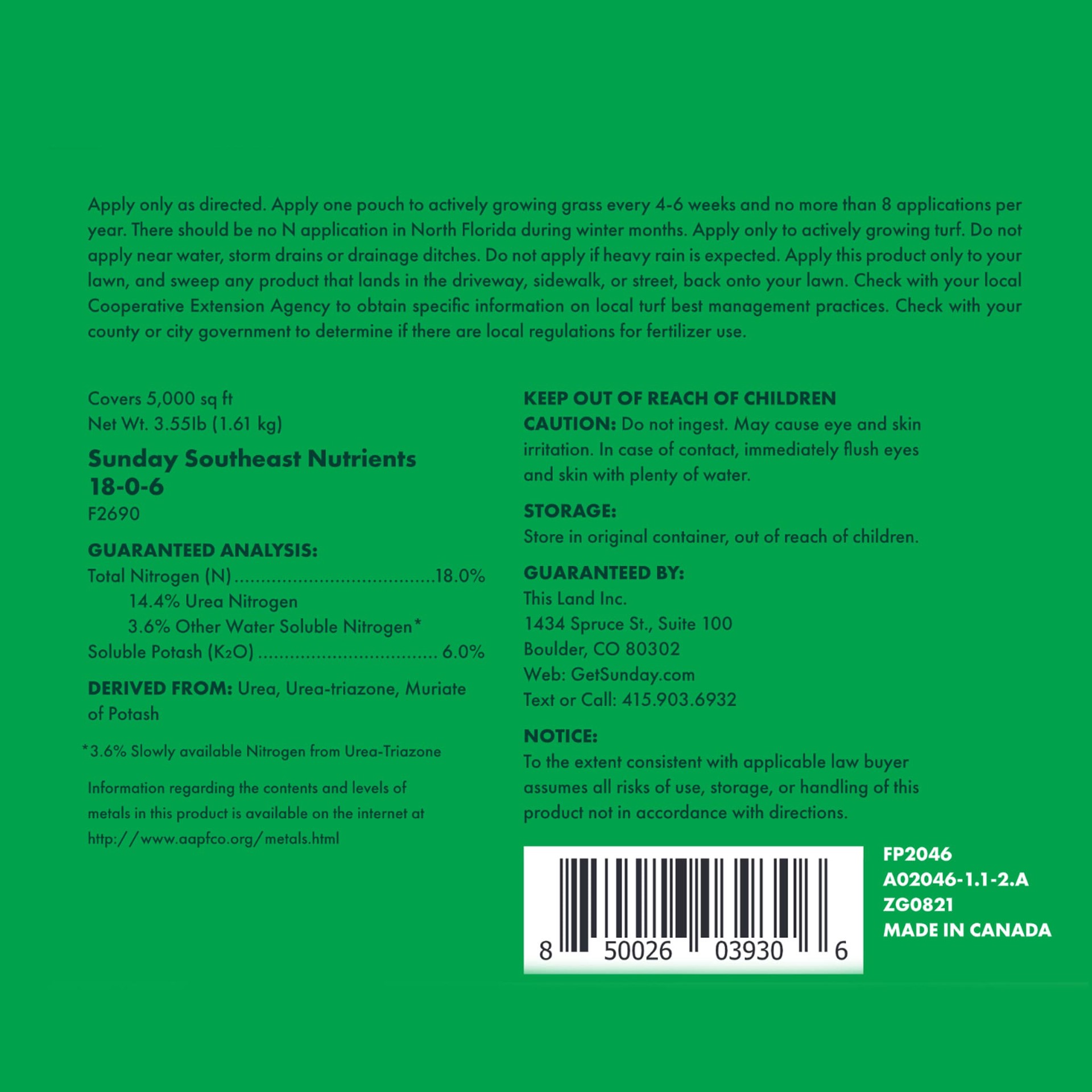 slide 6 of 6, Sunday Southeast Lawn Nutrients 3.6-lb 5000-sq ft 18-0 Natural Fast Release Liquid All Purpose Lawn Fertilizer, 1 ct
