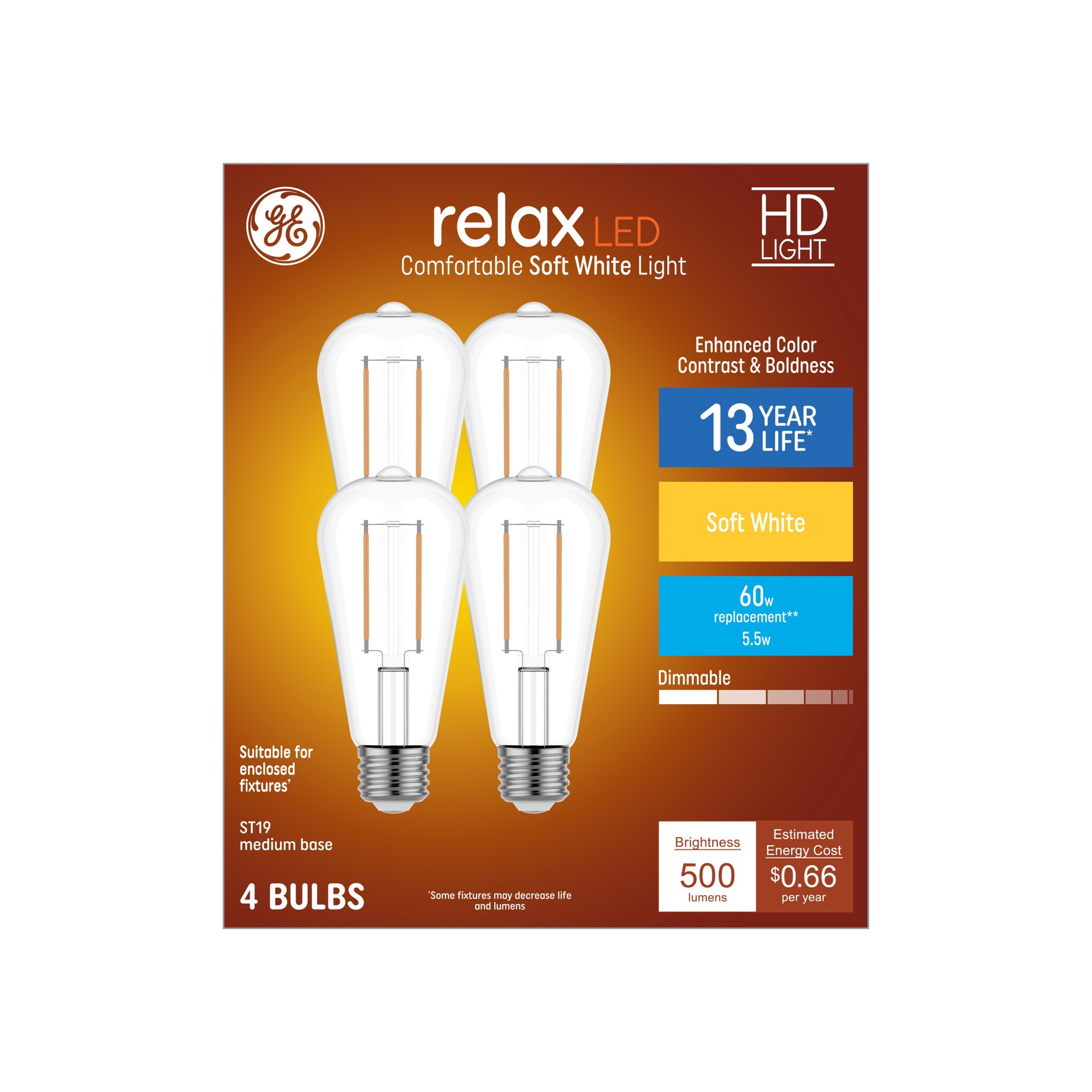 slide 4 of 6, GE Relax HD 60 -Watt EQ ST19 Soft white Medium base (E-26) Dimmable LED Decorative Light Bulb 4 -Pack, 1 ct