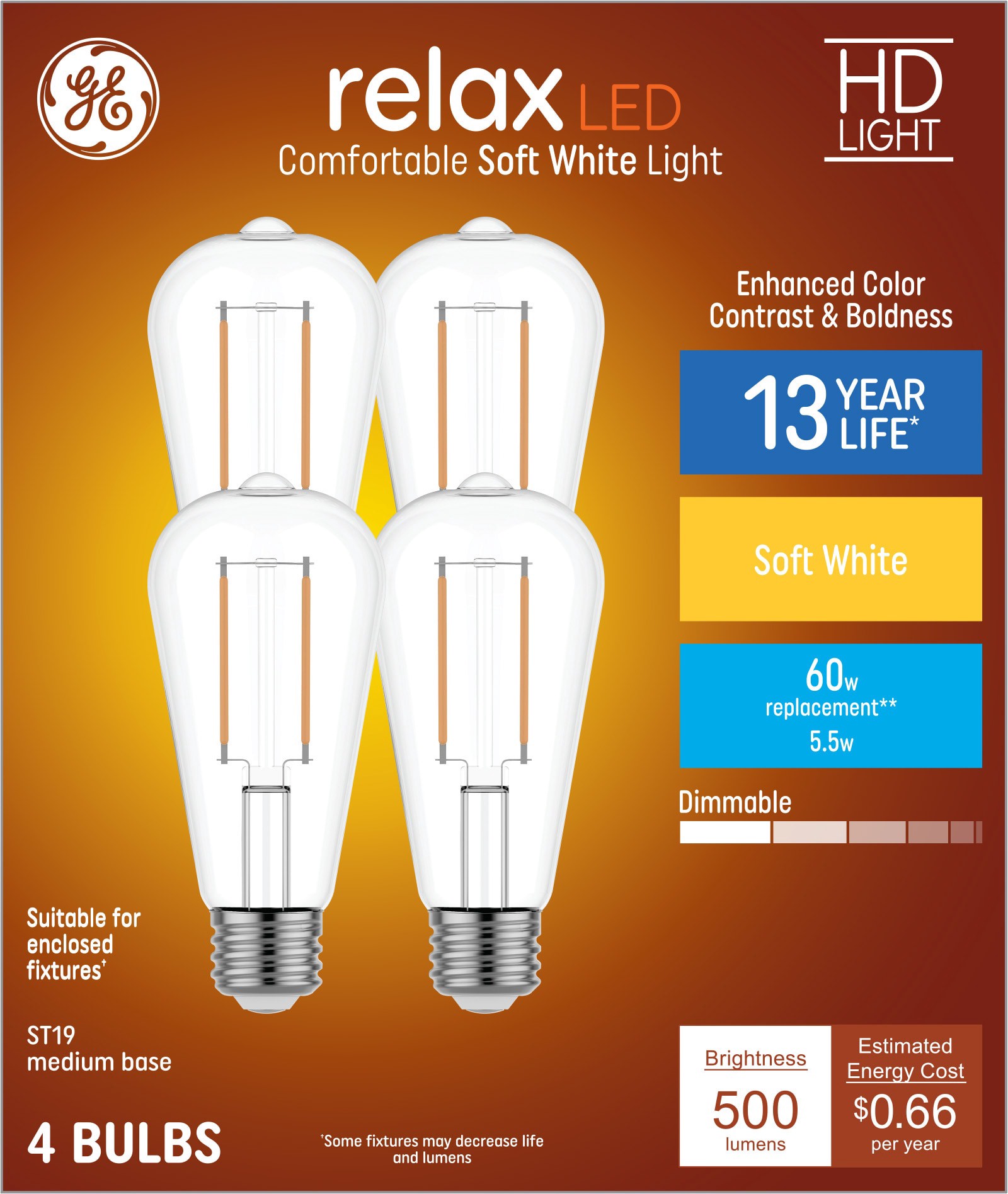 slide 1 of 6, GE Relax HD 60 -Watt EQ ST19 Soft white Medium base (E-26) Dimmable LED Decorative Light Bulb 4 -Pack, 1 ct