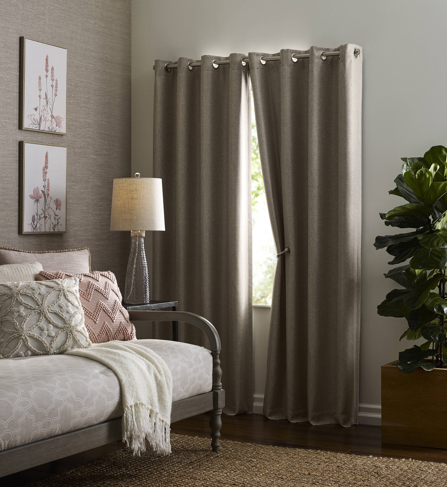 slide 1 of 6, allen + roth 84-in Taupe Geometric Blackout Thermal lined Grommet Single curtain panel, 1 ct