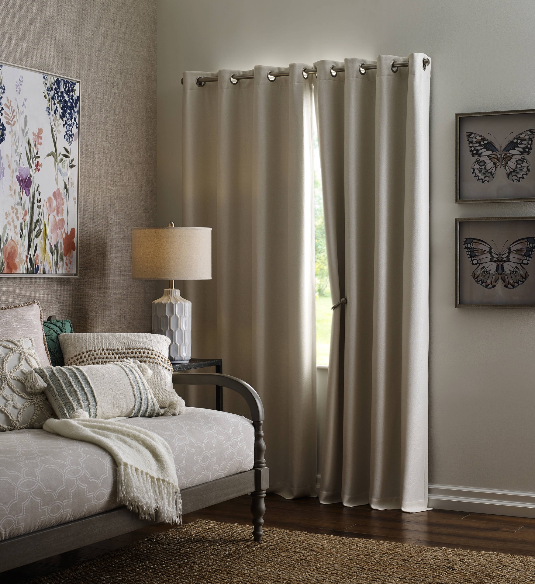 slide 1 of 6, allen + roth 84-in Ivory Geometric Blackout Thermal lined Grommet Single curtain panel, 1 ct