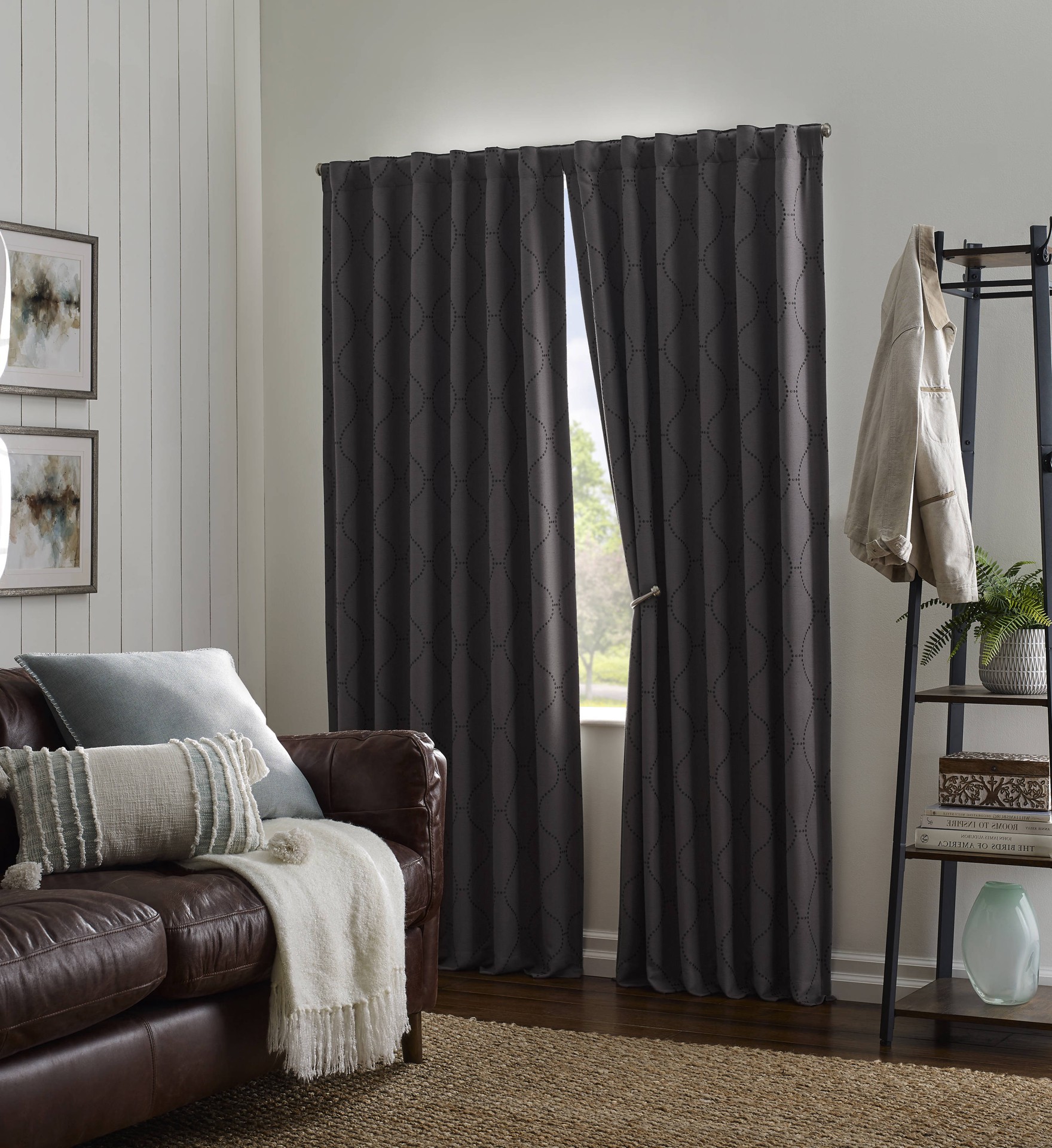 slide 1 of 4, allen + roth 84-in Grey Geometric Blackout Thermal lined Back tab Single curtain panel, 1 ct